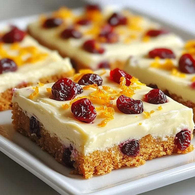 - 1 cup all-purpose flour - 1 teaspoon baking powder - 1/2 teaspoon salt - 1/2 cup unsalted butter, softened - 1 cup brown sugar, packed - 1 large egg - 1 teaspoon vanilla extract - 2 tablespoons orange zest - 1/2 cup dried cranberries, chopped - 1/2 cup white chocolate chips - 4 ounces cream cheese, softened - 1 cup powdered sugar - 1 tablespoon milk - Additional dried cranberries for garnish - Additional orange zest for garnish I always measure my ingredients carefully. For flour, use a spoon to scoop it into your cup. This helps prevent packing. For brown sugar, pack it tightly into the cup for the best flavor. When using butter, let it soften at room temperature. It should be easy to mix. The egg should be large and at room temperature, too. This helps blend well with the other ingredients. For a festive touch, I recommend using extra dried cranberries and orange zest for garnishing. They add color and flavor. You can also sprinkle some white chocolate chips on top for extra sweetness. These garnishes make the bars look beautiful and inviting. {{ingredient_image_1}} Start by gathering all your ingredients. This makes the process smooth. Preheat your oven to 350°F (175°C). Grease and line an 8x8-inch baking pan with parchment paper. Let the edges hang over for easy removal later. In a small bowl, whisk together 1 cup of flour, 1 teaspoon of baking powder, and 1/2 teaspoon of salt. Set this aside for now. In a large bowl, cream together 1/2 cup of softened butter and 1 cup of packed brown sugar. Mix until it is light and fluffy. Next, beat in 1 large egg and 1 teaspoon of vanilla extract. Stir in the dry flour mixture gradually. Mix until just combined; avoid over-mixing. Now, fold in 2 tablespoons of orange zest, 1/2 cup of chopped dried cranberries, and 1/2 cup of white chocolate chips. Pour this batter into your prepared pan and spread it evenly. Bake for 20 to 25 minutes. The edges should turn golden, and the center should be set. Use a toothpick to check; it should come out clean. Let the bars cool in the pan for 10 minutes, then move them to a wire rack to cool completely. In a medium bowl, beat together 4 ounces of softened cream cheese, 1 cup of powdered sugar, and 1 tablespoon of milk. Mix until smooth and creamy. Once the bars are cool, spread the cream cheese frosting evenly on top. For a festive touch, garnish with additional chopped dried cranberries and orange zest. Cut the bars into squares or rectangles. Enjoy your delicious Cranberry Bliss Bars! To get the best texture, follow these steps: - Use room temperature butter: This helps your bars stay soft. - Don’t over-mix: Mix until just combined to keep your bars light. - Check your bake time: A toothpick should come out clean but not dry. The cream cheese frosting adds creaminess. It balances the sweet and tart flavors. Here are some common mistakes that can ruin your bars: - Skipping the parchment paper: This makes it hard to lift the bars out. - Using cold ingredients: Cold butter or eggs can change the texture. - Over-baking: Keep an eye on your bars. They should be golden, not brown. Avoiding these mistakes will help you enjoy perfect Cranberry Bliss Bars. Having the right tools makes baking easier: - 8x8-inch baking pan: This is perfect for even baking. - Mixing bowls: Use a large bowl for mixing and a small one for dry ingredients. - Whisk: This helps to mix the dry ingredients well. - Spatula: Use it to fold in the cranberries and chocolate chips. These tools will help you create delicious bars with ease. Happy baking! Pro Tips Fresh Ingredients: Use fresh cranberries if available for a tart and vibrant flavor, but be sure to adjust the sugar as needed since they are less sweet than dried cranberries. Perfect Cream Cheese Frosting: Make sure your cream cheese is at room temperature to ensure a smooth and creamy frosting without lumps. Cooling Time: Allow the bars to cool completely before adding the frosting to prevent it from melting and becoming runny. Storage Tips: Store the bars in an airtight container in the refrigerator for up to a week to maintain freshness, or freeze them for longer storage. {{image_2}} You can change up the dried fruits in your Cranberry Bliss Bars. Instead of cranberries, try dried cherries or apricots. These fruits add a sweet and tart flavor. You can also mix in raisins or figs for added texture. Each fruit gives a unique twist to the bars. Experiment with your favorites to find your perfect blend! If you have dietary needs, easy substitutions exist. For a gluten-free option, use gluten-free flour. This keeps the taste while making it safe for those with gluten issues. You can swap the butter for coconut oil if you're dairy-free. It adds a nice flavor too! For a lower-sugar version, use a sugar substitute like stevia. These swaps help you enjoy the bars while meeting your needs. The cream cheese frosting is delicious, but you can switch it up! Try a simple vanilla glaze made with powdered sugar and milk. It gives a sweeter touch without the cream cheese. For a fruity twist, mix some orange zest into your frosting. This adds a bright flavor that pairs well with the bars. You can even skip the frosting for a lighter treat! To keep your Cranberry Bliss Bars fresh, store them in an airtight container. This helps keep moisture in and air out. Line the container with parchment paper for extra protection. If you have cut the bars, place wax paper between layers to prevent sticking. Keep them at room temperature for short-term storage. Freezing is a great option if you want to save some bars for later. Wrap each bar tightly in plastic wrap. Then, place them in a freezer-safe bag or container. Label the bag with the date so you remember when you froze them. They can last up to three months in the freezer. When ready to eat, simply thaw them in the fridge overnight. Cranberry Bliss Bars can stay fresh for about a week when stored correctly at room temperature. If you keep them in the fridge, they may last a bit longer, around ten days. Make sure to check for any signs of spoilage, like an off smell or mold, before enjoying them. Cranberry Bliss Bars are soft, sweet treats. They have a base made with butter, sugar, and flour. The bars mix dried cranberries and white chocolate chips for flavor. A cream cheese frosting tops them off for a rich finish. They are a popular holiday dessert, loved for their festive taste. Yes, you can make these bars ahead of time. Bake and cool the bars, then frost them. Store them in an airtight container in the fridge. They stay fresh for up to a week. This makes them perfect for holiday gatherings or busy days. To make Cranberry Bliss Bars gluten-free, swap all-purpose flour for a gluten-free blend. Look for a blend that has xanthan gum to help with texture. Follow the rest of the recipe as is. You will still enjoy the sweet, festive flavor without the gluten. This blog post covers everything you need to know about making delicious Cranberry Bliss Bars. We reviewed the right ingredients, step-by-step instructions, and helpful tips to get the texture just right. We shared ideas for variations and storage options to keep your bars fresh. Remember, avoiding common mistakes makes baking easier. Use these insights to create a tasty treat that fits your needs. Enjoy your baking adventure, and remember that practice is key to mastering these bars!