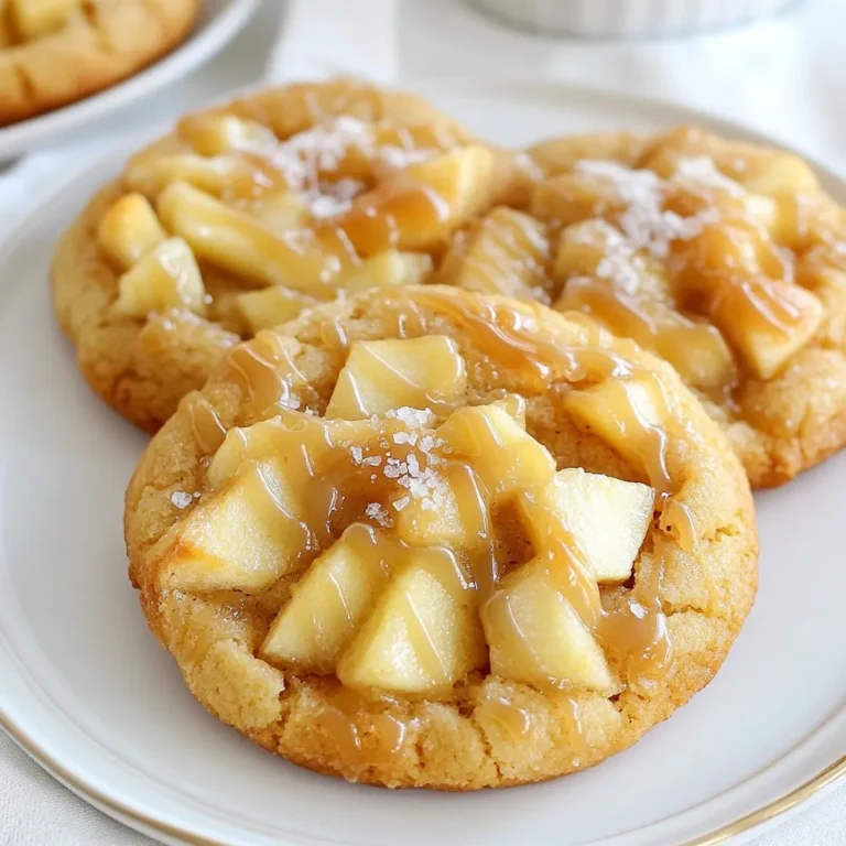 To make these amazing salted caramel apple pie cookies, gather these items: - 2 cups all-purpose flour - 1 tsp baking powder - 1/2 tsp baking soda - 1/2 tsp salt - 1/2 cup unsalted butter, softened - 1 cup brown sugar, packed - 1/2 cup granulated sugar - 1 large egg - 1 tsp vanilla extract - 1 cup finely diced apples (preferably Granny Smith) - 1 tsp ground cinnamon - 1/4 tsp nutmeg - 1/2 cup caramel sauce (store-bought or homemade) - Sea salt flakes for topping - All-purpose flour: This gives structure to the cookies. It helps them hold their shape while baking. - Unsalted butter: Softened butter makes the dough rich and creamy. It also helps with texture. - Brown sugar: This sugar adds moisture and a deep, rich flavor to the cookies. - Diced apples: Granny Smith apples are tart. They balance the sweetness of the caramel and sugar. - Caramel sauce: This is the star of the show! It adds a sweet and gooey element to the cookies. - Sea salt flakes: Sprinkling these on top enhances flavor. It creates a delicious contrast with the sweet caramel. If you need swaps for any ingredients, here are some options: - Flour: Use whole wheat flour for a nuttier flavor. - Butter: Coconut oil can work in place of butter for a dairy-free option. - Brown sugar: You can use coconut sugar for a healthier choice. - Apples: Try using pears or even peaches if you want a different fruit flavor. - Caramel sauce: Make a homemade version with sugar and cream, or use a vegan caramel for a dairy-free treat. {{ingredient_image_1}} Start by getting your space ready. Preheat your oven to 350°F (175°C). Line two baking sheets with parchment paper. This will help the cookies not stick. Gather all your ingredients so they are easy to find. Measure everything out first. It makes baking much easier and fun. 1. In a medium bowl, whisk together the flour, baking powder, baking soda, and salt. This is your dry mix. 2. In a large mixing bowl, cream the softened butter, brown sugar, and granulated sugar. Mix until it looks fluffy. This takes about 3-4 minutes. 3. Add the egg and vanilla extract, then mix again until it’s all combined. 4. Gradually add your dry mix to the wet mix. Stir until just combined. 5. Fold in the finely diced apples, ground cinnamon, and nutmeg. Be gentle to keep the apple bits intact. 6. Using a tablespoon or cookie scoop, drop rounded dough onto your lined baking sheets. Keep them about 2 inches apart. 7. Drizzle a small amount of caramel sauce over each mound of dough. Press each mound down slightly to flatten them. 8. Bake for 10-12 minutes. Look for lightly golden edges. 9. Remove the cookies from the oven. Sprinkle sea salt flakes on top while they are still warm. 10. Let the cookies cool on the baking sheets for 5 minutes. After that, transfer them to wire racks to cool completely. - Make sure your butter is softened. This helps it mix well with the sugars. - Don’t overmix when adding dry ingredients. This keeps the cookies tender. - Pressing down the dough helps them bake evenly. - Always check your cookies at the lower end of the bake time. Ovens can vary. - Add extra caramel sauce and sea salt on top when serving for a great look and taste. Following these steps will bring you closer to delicious Salted Caramel Apple Pie Cookies. Enjoy the process! To make your salted caramel apple pie cookies a hit, follow these tips: - Use room temperature butter. This helps create a lighter texture. - Don’t overmix the dough. Mix just until combined for soft cookies. - Chill the dough if it’s too soft. This keeps the cookies from spreading too much. Many home bakers make simple errors that can affect the cookies: - Skipping the sea salt. This step adds balance to the sweet caramel. - Not measuring flour correctly. Use a spoon, then level it for accuracy. - Baking on ungreased sheets. Parchment paper prevents sticking and helps with cleanup. You can easily boost the taste and feel of your cookies: - Add nuts. Chopped walnuts or pecans bring crunch and richness. - Try different apples. Use Honeycrisp for sweetness or Fuji for tartness. - Mix in spices. A pinch of ginger or allspice can give depth. By following these tips, your cookies will shine with flavor and texture. Enjoy the process! Pro Tips Choose the Right Apples: Granny Smith apples are ideal for their tartness, which balances the sweetness of the caramel. Chill the Dough: If the dough becomes too soft while working, refrigerate it for 15-20 minutes to make it easier to handle. Perfect Caramel Drizzle: Warm the caramel sauce slightly before drizzling to ensure it flows smoothly over the cookie dough. Storage Tips: Store cookies in an airtight container for up to a week to maintain freshness, or freeze for longer shelf life. {{image_2}} You can switch up the flavor of your cookies easily. Try using different apples, like Honeycrisp or Fuji. They add a sweeter taste. You can also mix in some chopped nuts. Walnuts or pecans give a nice crunch. If you love chocolate, add chocolate chips. They work great with caramel. For a twist, try adding a bit of lemon zest. It brightens the flavor and balances the sweetness. Want a healthier cookie? You can replace some ingredients. Use whole wheat flour instead of all-purpose flour. This adds fiber and nutrients. You can swap the butter for coconut oil. It still keeps the cookies soft. For sweetening, use maple syrup or honey. Both will add a unique flavor. If you want fewer calories, cut down on the sugar. Use half the amount and still enjoy a great cookie. Seasonal flavors can make your cookies special. In fall, add some dried cranberries or raisins. They give a chewy texture. For winter, try using spices like cloves or allspice. These add warmth and depth. In spring, use fresh berries mixed into the dough. They bring a burst of flavor. You can also top your cookies with whipped cream or ice cream for a fun treat. To keep your salted caramel apple pie cookies fresh, store them in an airtight container. This helps keep them soft and chewy. Place parchment paper between layers to avoid sticking. If you have extra cookies, they can stay fresh for up to five days at room temperature. You can freeze these cookies for later. Allow them to cool completely, then place them in a freezer-safe bag. Remove as much air as possible before sealing. To thaw, simply take out the cookies and let them sit at room temperature for about an hour. You can also warm them in the microwave for about 10-15 seconds for a fresh-baked taste. Salted caramel apple pie cookies last about five days at room temperature. If you freeze them, they can last up to three months without losing flavor. Just remember to label your bags with the date to keep track. Enjoy your cookies at their best by following these storage tips! Salted caramel apple pie cookies are small, sweet treats that mix cookies and pie flavors. They have a soft cookie base with bits of apple and a drizzle of caramel on top. The sea salt adds a nice touch, balancing the sweetness. Each bite is like a mini dessert that captures fall flavors perfectly. Yes, you can make these cookies in advance! Prepare the cookie dough and scoop it onto baking sheets. Cover them with plastic wrap and freeze. When you want fresh cookies, just bake them straight from the freezer. This way, you always have warm cookies ready to enjoy! You can tell if the cookies are done by looking at the edges. They should be lightly golden brown. The center might look soft, and that is okay. After removing them from the oven, sprinkle sea salt while they are warm. This gives the best flavor and helps them cool nicely. In this blog post, we explored the key elements of baking delicious cookies. We covered important ingredients and provided alternatives. I shared step-by-step tips to guide you through the baking process. We also talked about ways to avoid common mistakes and enhance flavor. Finally, I shared storage tips to keep your cookies fresh. Remember, baking is about having fun and being creative. Enjoy the process and experiment with your own twists!