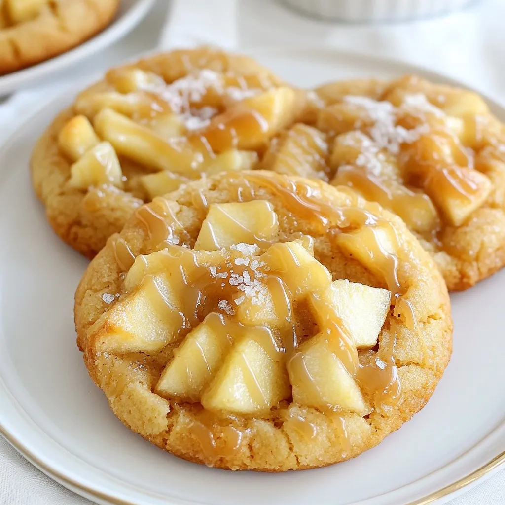 To make these amazing salted caramel apple pie cookies, gather these items: - 2 cups all-purpose flour - 1 tsp baking powder - 1/2 tsp baking soda - 1/2 tsp salt - 1/2 cup unsalted butter, softened - 1 cup brown sugar, packed - 1/2 cup granulated sugar - 1 large egg - 1 tsp vanilla extract - 1 cup finely diced apples (preferably Granny Smith) - 1 tsp ground cinnamon - 1/4 tsp nutmeg - 1/2 cup caramel sauce (store-bought or homemade) - Sea salt flakes for topping - All-purpose flour: This gives structure to the cookies. It helps them hold their shape while baking. - Unsalted butter: Softened butter makes the dough rich and creamy. It also helps with texture. - Brown sugar: This sugar adds moisture and a deep, rich flavor to the cookies. - Diced apples: Granny Smith apples are tart. They balance the sweetness of the caramel and sugar. - Caramel sauce: This is the star of the show! It adds a sweet and gooey element to the cookies. - Sea salt flakes: Sprinkling these on top enhances flavor. It creates a delicious contrast with the sweet caramel. If you need swaps for any ingredients, here are some options: - Flour: Use whole wheat flour for a nuttier flavor. - Butter: Coconut oil can work in place of butter for a dairy-free option. - Brown sugar: You can use coconut sugar for a healthier choice. - Apples: Try using pears or even peaches if you want a different fruit flavor. - Caramel sauce: Make a homemade version with sugar and cream, or use a vegan caramel for a dairy-free treat. {{ingredient_image_1}} Start by getting your space ready. Preheat your oven to 350°F (175°C). Line two baking sheets with parchment paper. This will help the cookies not stick. Gather all your ingredients so they are easy to find. Measure everything out first. It makes baking much easier and fun. 1. In a medium bowl, whisk together the flour, baking powder, baking soda, and salt. This is your dry mix. 2. In a large mixing bowl, cream the softened butter, brown sugar, and granulated sugar. Mix until it looks fluffy. This takes about 3-4 minutes. 3. Add the egg and vanilla extract, then mix again until it’s all combined. 4. Gradually add your dry mix to the wet mix. Stir until just combined. 5. Fold in the finely diced apples, ground cinnamon, and nutmeg. Be gentle to keep the apple bits intact. 6. Using a tablespoon or cookie scoop, drop rounded dough onto your lined baking sheets. Keep them about 2 inches apart. 7. Drizzle a small amount of caramel sauce over each mound of dough. Press each mound down slightly to flatten them. 8. Bake for 10-12 minutes. Look for lightly golden edges. 9. Remove the cookies from the oven. Sprinkle sea salt flakes on top while they are still warm. 10. Let the cookies cool on the baking sheets for 5 minutes. After that, transfer them to wire racks to cool completely. - Make sure your butter is softened. This helps it mix well with the sugars. - Don’t overmix when adding dry ingredients. This keeps the cookies tender. - Pressing down the dough helps them bake evenly. - Always check your cookies at the lower end of the bake time. Ovens can vary. - Add extra caramel sauce and sea salt on top when serving for a great look and taste. Following these steps will bring you closer to delicious Salted Caramel Apple Pie Cookies. Enjoy the process! To make your salted caramel apple pie cookies a hit, follow these tips: - Use room temperature butter. This helps create a lighter texture. - Don’t overmix the dough. Mix just until combined for soft cookies. - Chill the dough if it’s too soft. This keeps the cookies from spreading too much. Many home bakers make simple errors that can affect the cookies: - Skipping the sea salt. This step adds balance to the sweet caramel. - Not measuring flour correctly. Use a spoon, then level it for accuracy. - Baking on ungreased sheets. Parchment paper prevents sticking and helps with cleanup. You can easily boost the taste and feel of your cookies: - Add nuts. Chopped walnuts or pecans bring crunch and richness. - Try different apples. Use Honeycrisp for sweetness or Fuji for tartness. - Mix in spices. A pinch of ginger or allspice can give depth. By following these tips, your cookies will shine with flavor and texture. Enjoy the process! Pro Tips Choose the Right Apples: Granny Smith apples are ideal for their tartness, which balances the sweetness of the caramel. Chill the Dough: If the dough becomes too soft while working, refrigerate it for 15-20 minutes to make it easier to handle. Perfect Caramel Drizzle: Warm the caramel sauce slightly before drizzling to ensure it flows smoothly over the cookie dough. Storage Tips: Store cookies in an airtight container for up to a week to maintain freshness, or freeze for longer shelf life. {{image_2}} You can switch up the flavor of your cookies easily. Try using different apples, like Honeycrisp or Fuji. They add a sweeter taste. You can also mix in some chopped nuts. Walnuts or pecans give a nice crunch. If you love chocolate, add chocolate chips. They work great with caramel. For a twist, try adding a bit of lemon zest. It brightens the flavor and balances the sweetness. Want a healthier cookie? You can replace some ingredients. Use whole wheat flour instead of all-purpose flour. This adds fiber and nutrients. You can swap the butter for coconut oil. It still keeps the cookies soft. For sweetening, use maple syrup or honey. Both will add a unique flavor. If you want fewer calories, cut down on the sugar. Use half the amount and still enjoy a great cookie. Seasonal flavors can make your cookies special. In fall, add some dried cranberries or raisins. They give a chewy texture. For winter, try using spices like cloves or allspice. These add warmth and depth. In spring, use fresh berries mixed into the dough. They bring a burst of flavor. You can also top your cookies with whipped cream or ice cream for a fun treat. To keep your salted caramel apple pie cookies fresh, store them in an airtight container. This helps keep them soft and chewy. Place parchment paper between layers to avoid sticking. If you have extra cookies, they can stay fresh for up to five days at room temperature. You can freeze these cookies for later. Allow them to cool completely, then place them in a freezer-safe bag. Remove as much air as possible before sealing. To thaw, simply take out the cookies and let them sit at room temperature for about an hour. You can also warm them in the microwave for about 10-15 seconds for a fresh-baked taste. Salted caramel apple pie cookies last about five days at room temperature. If you freeze them, they can last up to three months without losing flavor. Just remember to label your bags with the date to keep track. Enjoy your cookies at their best by following these storage tips! Salted caramel apple pie cookies are small, sweet treats that mix cookies and pie flavors. They have a soft cookie base with bits of apple and a drizzle of caramel on top. The sea salt adds a nice touch, balancing the sweetness. Each bite is like a mini dessert that captures fall flavors perfectly. Yes, you can make these cookies in advance! Prepare the cookie dough and scoop it onto baking sheets. Cover them with plastic wrap and freeze. When you want fresh cookies, just bake them straight from the freezer. This way, you always have warm cookies ready to enjoy! You can tell if the cookies are done by looking at the edges. They should be lightly golden brown. The center might look soft, and that is okay. After removing them from the oven, sprinkle sea salt while they are warm. This gives the best flavor and helps them cool nicely. In this blog post, we explored the key elements of baking delicious cookies. We covered important ingredients and provided alternatives. I shared step-by-step tips to guide you through the baking process. We also talked about ways to avoid common mistakes and enhance flavor. Finally, I shared storage tips to keep your cookies fresh. Remember, baking is about having fun and being creative. Enjoy the process and experiment with your own twists!
