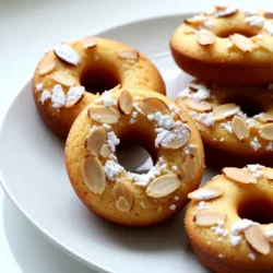 To make your Vanilla Almond Cake Donuts, you will need the following main ingredients: - 1 &frac12; cups all-purpose flour - 1 cup granulated sugar - 1 &frac12; tsp baking powder - &frac12; tsp baking soda - &frac14; tsp salt - &frac12; cup unsalted butter, softened - 2 large eggs - 1 tsp pure vanilla extract - 1 tsp almond extract - &frac12; cup buttermilk - &frac12; cup sliced almonds (for topping) - Powdered sugar (for dusting) These ingredients work together to create a soft, moist cake that is full of flavor. Each element plays a key role. The flour gives structure, while the sugar adds sweetness. Baking powder and baking soda help the donuts rise and become fluffy. Butter adds richness, and eggs bind everything together. The vanilla and almond extracts provide a lovely aroma and taste that make this treat special. Buttermilk keeps the donuts moist and tender. Lastly, the sliced almonds give a delightful crunch on top and enhance the almond flavor. Gather these ingredients before you start baking. It makes the process smooth and fun! {{ingredient_image_1}} - Preheat your oven to 350&deg;F (175&deg;C) and grease the donut pan. - In a large bowl, mix the flour, sugar, baking powder, baking soda, and salt. - In another bowl, cream the softened butter until light and fluffy. - Beat in the eggs one at a time. Then, add the vanilla and almond extracts. - Gradually add the dry mix to the butter mix, switching with the buttermilk. - Use a piping bag or a ziplock bag to fill the donut pan three-quarters full. - Bake for 10-12 minutes. Test by pressing lightly; they should spring back. - Let the donuts cool in the pan for 5 minutes. Then, transfer them to a wire rack. Do not overmix the batter. This step is key for light and airy donuts. When you mix too much, you create gluten. Gluten can make donuts dense and tough. To achieve the perfect fluffy donut, mix until just combined. A few lumps are okay. The goal is a soft batter that will rise well in the oven. To evenly distribute sliced almonds, sprinkle them on each donut before baking. This way, they stick well during baking. Make sure each donut gets a fair share. For using powdered sugar effectively, wait until the donuts cool completely. This helps the sugar stick better. Use a fine mesh sieve to dust the sugar. It gives a nice, even look. The best types of donut pans to use are non-stick metal pans. They help your donuts pop out easily. Silicone pans can work too, but they may not give the same crispiness. If you don't have a donut pan, use muffin tins instead. Just fill each cup halfway and adjust the bake time. You'll still enjoy delicious donuts without a special pan. Pro Tips Use Room Temperature Ingredients: Ensure that your butter and eggs are at room temperature for a smoother batter and better incorporation of ingredients. Don&rsquo;t Overmix the Batter: Mix until just combined to keep your donuts light and fluffy. Overmixing can lead to dense donuts. Experiment with Toppings: Feel free to get creative with toppings! Try adding chocolate chips, sprinkles, or a glaze for added flavor. Store Properly: To keep your donuts fresh, store them in an airtight container at room temperature for up to 3 days. {{image_2}} You can change the taste of your vanilla almond cake donuts easily. Try using coconut extract instead of almond extract for a tropical twist. It adds a sweet, nutty flavor that pairs well with vanilla. You can also mix in chocolate chips or fresh fruit into the batter. Chunks of banana, blueberries, or even diced strawberries make these donuts even more special. If you need gluten-free options, use a gluten-free flour blend. It works well in this recipe and keeps the donuts light. For vegan adjustments, replace the eggs with flax eggs. Mix one tablespoon of flaxseed meal with three tablespoons of water for each egg. Use coconut oil or vegan butter instead of regular butter to keep it dairy-free. You can switch up the toppings based on the season. In fall, try adding spices like cinnamon or nutmeg to the batter. These spices warm up the flavor and make each bite cozy. For the holidays, decorate with festive toppings like colored sprinkles or a drizzle of icing. It adds a fun touch that everyone will love. To keep your vanilla almond cake donuts fresh at room temperature, use an airtight container. Place a piece of wax paper between layers to avoid sticking. They can stay fresh for about three days. For longer freshness, store them in a cool, dry place. Avoid direct sunlight, as it can dry them out. If you want to keep them even longer, dust them with powdered sugar after serving to add a sweet touch. If you want to save your donuts for later, freezing is a great option. Wrap each donut in plastic wrap and place them in a freezer-safe bag. They can last up to three months in the freezer. To thaw, take them out and let them sit at room temperature for about an hour. To prevent freezer burn, make sure to remove as much air as possible from the bag before sealing it. When serving your donuts, presentation matters. Use a cake stand or a decorative plate to showcase them. Arrange them in a circle or stack them for a stunning effect. If you plan to give them as gifts, opt for clear treat bags tied with a ribbon. This way, the beautiful donuts are visible, and the packaging adds a personal touch. To check if the donuts are done, use a toothpick. Insert it into the center of a donut. If it comes out clean, the donuts are ready. The edges should look golden brown, and they will spring back when lightly pressed. If the toothpick has batter on it, bake a few more minutes. Make sure to watch them closely during the last few minutes. Yes, you can make these donuts ahead of time. Bake them and let them cool completely. Store them in an airtight container at room temperature for up to three days. If you want to keep them longer, freeze them. Wrap each donut in plastic wrap and place them in a freezer bag. Thaw them at room temperature before serving. You can find vanilla almond cake donuts at local bakeries. Many specialty stores also carry them. If you want to shop online, check websites like Goldbelly or local bakery delivery services. You might discover some unique flavors and styles from different places. This post covered how to make delicious vanilla almond cake donuts. We looked at key ingredients, from flour to butter. I shared clear steps for mixing, baking, and cooling your donuts. You learned tips to achieve the right texture and finish, plus some tasty variations. We also discussed storage methods to keep them fresh. Donuts are a fun treat for any occasion. Enjoy making them with family or friends!