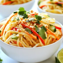 This dish is simple and quick. Here is what you will need: - 8 oz. rice noodles - 1/4 cup creamy peanut butter - 2 tablespoons soy sauce - 1 tablespoon sesame oil - 1 tablespoon honey or maple syrup - 2 tablespoons sriracha (adjust to taste) - 1 garlic clove, minced - 1 teaspoon grated fresh ginger - 1 cup shredded carrots - 1 bell pepper (red or yellow), julienned - 1/2 cup cucumber, julienned These main ingredients create the base of your spicy peanut noodles. The rice noodles give it a nice texture, while the peanut butter adds creaminess and flavor. You can make your dish more exciting with some optional garnishes. Here are a few ideas: - 1 green onion, sliced - 1/4 cup chopped peanuts (for garnish) - Fresh cilantro for garnish - Lime wedges for serving These toppings add fresh flavors and a nice crunch. They also make your dish look appealing and colorful. Having the right tools helps make cooking easier. Here&rsquo;s what you&rsquo;ll need: - A large pot for boiling noodles - A mixing bowl for the peanut sauce - A whisk for mixing the sauce - A sharp knife and cutting board for veggies Using these tools will help you prepare your spicy peanut noodles smoothly. Enjoy making this quick and flavorful meal! {{ingredient_image_1}} First, grab a large pot and fill it with water. Bring the water to a boil. Add the rice noodles and cook them according to the package instructions. This usually takes about 5 to 7 minutes. You want them to be al dente, which means they should still have a little bite. Once done, drain the noodles in a colander. Rinse them under cold water. This stops the cooking and keeps them from getting sticky. Set the noodles aside for later. Now, let&rsquo;s make the peanut sauce. In a medium bowl, add the creamy peanut butter. Next, pour in the soy sauce, sesame oil, and honey or maple syrup. Then, add the sriracha. This is where the spice comes in, so adjust it to your taste. Don&rsquo;t forget the minced garlic and grated ginger! Whisk everything together until the mixture is smooth. If it feels too thick, add a tablespoon of warm water. This will help you reach the right consistency. In a large mixing bowl, combine the shredded carrots, julienned bell pepper, and cucumber. Toss them together until mixed well. Now, add the cooked rice noodles to this bowl. Pour the peanut sauce over the top. Toss everything together gently. You want the noodles and veggies to be well coated in that tasty sauce. Once mixed, divide the spicy peanut noodles into serving bowls. Top each bowl with sliced green onions, chopped peanuts, and fresh cilantro. Serve with lime wedges on the side. A squeeze of lime adds a fresh kick! To get the right peanut sauce consistency, mix all your ingredients well. Start with creamy peanut butter. Add soy sauce, sesame oil, honey or maple syrup, sriracha, minced garlic, and grated ginger. Whisk until smooth. If your sauce is thick, add warm water. One tablespoon at a time will help you reach that perfect pourable texture. Cooking rice noodles is easy but needs attention. Use a large pot of boiling water. Add the noodles and cook until just al dente. Check the package instructions for timing. Once done, drain and rinse them under cold water. This stops the cooking and helps them stay firm. This step keeps your noodles from getting mushy. Want to amp up the flavor? Try adding a few extras! Roasted chickpeas or baked tofu can give a nice crunch. You can also add sesame seeds for texture. Fresh herbs like cilantro will brighten up the dish. For a zesty touch, squeeze lime juice over your noodles just before serving. These simple additions can take your spicy peanut noodles to the next level! Pro Tips Adjust the Spice Level: If you prefer a milder dish, reduce the amount of sriracha or omit it entirely. You can always serve extra on the side for those who like it spicy! Alternative Noodles: You can substitute rice noodles with whole wheat or soba noodles for a different flavor and texture. Just adjust the cooking time as needed. Prep Ahead: The peanut sauce can be made in advance and stored in the refrigerator for up to a week. This makes meal prep quick and easy! Fresh Herbs Matter: Don&rsquo;t skip the fresh cilantro! It adds a vibrant flavor that complements the dish beautifully. You can also try adding mint for a refreshing twist. {{image_2}} You can easily add protein to spicy peanut noodles. Tofu, chicken, and shrimp work well. For tofu, use firm tofu. Cube it and pan-fry until golden. This adds a nice crunch. For chicken, cook bite-sized pieces in a pan. Season with salt and pepper. Shrimp cooks quickly, too. Saut&eacute; them in a hot pan until they turn pink. Each choice enhances flavor and texture. Feel free to swap out vegetables in this dish. Broccoli, snap peas, or bell peppers are great substitutes. You can also add spinach or bok choy for extra greens. Just chop them into small pieces. Steam or stir-fry them briefly before mixing with the noodles. This keeps them bright and fresh. The more colors you add, the more fun and healthy your meal becomes! The spice level is totally up to you. If you like it mild, start with less sriracha. You can always add more later. For more heat, increase the amount slowly. You can also mix in chili flakes or hot sauce for different flavors. Taste as you go to find your perfect balance. Adjusting spice lets you make this dish your own! To store leftover spicy peanut noodles, first cool them to room temperature. Place them in an airtight container. This helps keep the flavors fresh. Store the container in the fridge for up to three days. If you want to keep the noodles crunchy, store the veggies and sauce separately. When you&rsquo;re ready to eat, take the noodles out of the fridge. Heat a pan over medium heat. Add a splash of water or a bit of oil to help with sticking. Toss the noodles in the pan, stirring often. Heat for about 5 minutes. This brings back the flavors without overcooking the noodles. You can freeze spicy peanut noodles for up to three months. To do this, cool the noodles, sauce, and veggies completely. Place them in a freezer-safe bag or container. Squeeze out any air to prevent freezer burn. When you&rsquo;re ready to eat, thaw them in the fridge overnight. Reheat as mentioned above, adjusting for any texture changes. Spicy peanut noodles likely come from Asian cuisine, especially in Southeast Asia. Many dishes use peanut sauce, which adds creaminess and flavor. Countries like Thailand and Indonesia have their own versions. These noodles blend simple ingredients into a hearty meal that many love. Yes, you can make spicy peanut noodles ahead of time. Cook the noodles and prepare the sauce as usual. Store them separately in the fridge. When you&rsquo;re ready to eat, mix them together. This helps keep the noodles from getting too soft. You can also add fresh veggies just before serving for a crisp bite. Many side dishes work well with spicy peanut noodles. Here are a few ideas: - Spring Rolls: Light and fresh, they complement the noodles well. - Asian Slaw: Crunchy cabbage and carrots add a nice texture. - Grilled Chicken Skewers: Protein adds heartiness to your meal. - Edamame: A simple and healthy snack to serve alongside. These pairings will enhance your meal and make it even more enjoyable. Spicy peanut noodles offer a tasty and quick meal. We covered key ingredients, tips for perfect sauce, and various protein options. Storage info ensures leftovers remain tasty. You can easily customize the spice level and add your favorite veggies. Enjoy making and sharing this dish with friends or family. Dive into the fun of cooking these flavorful noodles, and keep experimenting with your own twists. The possibilities are endless!