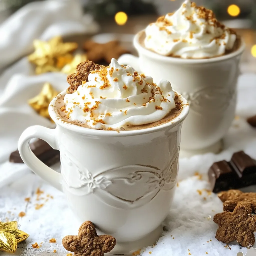 Making gingerbread hot chocolate starts with a few simple ingredients. Here’s what you need: - 2 cups whole milk - 2 tablespoons unsweetened cocoa powder - 2 tablespoons brown sugar - 1 teaspoon ground ginger - 1 teaspoon ground cinnamon - 1/4 teaspoon ground nutmeg - 1/4 teaspoon vanilla extract - Pinch of salt - Whipped cream for topping - Crushed gingerbread cookies for garnish - Chocolate shavings (optional) These ingredients blend together to create a cozy drink that warms you up. Whole milk gives a creamy base. Cocoa powder adds rich chocolate flavor. Brown sugar enhances sweetness and adds a hint of caramel. The spices transform your drink. Ground ginger gives that classic gingerbread taste. Ground cinnamon and nutmeg add warmth and depth. A pinch of salt balances the sweetness. Vanilla extract rounds out the flavor. It adds a fragrant note that complements the spices. For topping, whipped cream adds a fluffy texture. Crushed gingerbread cookies add a festive crunch. If you want extra chocolate, sprinkle some chocolate shavings on top. With these ingredients, you’re ready to create a gingerbread hot chocolate that everyone will love. {{ingredient_image_1}} - Combine milk and cocoa powder In a medium saucepan, pour in 2 cups of whole milk. Add 2 tablespoons of unsweetened cocoa powder. Use a whisk to blend them well. Heat the mixture over medium-low heat. Keep stirring until the cocoa dissolves and the milk warms up. - Add spices and sugar Once the milk is warm, stir in 2 tablespoons of brown sugar. Add 1 teaspoon of ground ginger, 1 teaspoon of ground cinnamon, and 1/4 teaspoon of ground nutmeg. Don’t forget the pinch of salt! Mix everything until it's smooth and steamy. - Whisk and heat the mixture Keep the heat low and continue whisking. You want it hot, but not boiling. Take the saucepan off the heat and let it rest for one minute. - Pour into mugs Grab your favorite mugs and pour the gingerbread hot chocolate in, filling each about three-quarters full. - Top with whipped cream Add a generous swirl of whipped cream on top of each mug. This will make it extra rich and creamy. - Garnish with cookies and chocolate For a festive touch, sprinkle crushed gingerbread cookies on top. If you want, add chocolate shavings for a special treat. Enjoy your cozy drink! - Adjust sweetness: You can change the brown sugar amount. Add more for sweet flavor. Less sugar gives a richer taste. Find the sweet spot that works for you. - Experiment with spices: Try adding a pinch of clove or allspice. You can even use fresh ginger for a kick. Mix and match spices to find your favorite blend. - Use alternative milks: If you want a lighter drink, try almond or oat milk. These options can add unique flavors. Just ensure the milk is unsweetened to keep the balance. - Serving suggestions: Serve in festive mugs for a fun touch. You can even create a hot chocolate bar with toppings. This makes it fun for everyone to customize their drink. - Recommended mug types: Choose wide mugs for easy topping. Clear glass mugs show off the layers. You can pick colorful mugs to match the season's spirit. - Thematic garnishing ideas: Use crushed gingerbread cookies for crunch. Drizzle caramel or chocolate sauce for a sweet twist. Add a sprinkle of cinnamon on top for a warm finish. Pro Tips Use Fresh Spices: Freshly ground spices will enhance the flavor of your hot chocolate, giving it a more vibrant and aromatic profile. Adjust Sweetness: Feel free to adjust the brown sugar to your preference. You can also substitute with maple syrup or honey for a different sweetness profile. Milk Variations: Experiment with different types of milk such as almond, oat, or coconut for a unique twist on the classic recipe. Garnish Creatively: Mix and match your toppings—try crushed peppermint candies or a drizzle of caramel sauce for a festive variation! {{image_2}} You can twist the classic gingerbread hot chocolate in fun ways. Here are some ideas to get you started. - Peppermint gingerbread hot chocolate: Add a splash of peppermint extract. It gives a minty kick that pairs well with gingerbread. - Spiced pumpkin gingerbread hot chocolate: Mix in some pumpkin puree and pumpkin pie spice. This variation brings autumn flavors into each sip. - Vegan gingerbread hot chocolate: Use almond milk or oat milk instead of whole milk. Be sure to choose vegan whipped cream for a dairy-free treat. Toppings can elevate your gingerbread hot chocolate to new heights. - Different whipped cream flavors: Try flavored whipped creams like cinnamon or vanilla. These add extra taste and fun. - Various cookie toppings: Crushed cookies are a must. You can use gingerbread, chocolate, or even graham crackers for crunch. - Use of flavored syrups: Drizzle chocolate or caramel syrup on top. This adds a sweet finish and makes it look stunning. To store leftover gingerbread hot chocolate, use a clean container. Refrigerate it for up to three days. When you're ready to enjoy it again, pour it into a saucepan. Heat it gently over low heat. Stir well to mix the flavors back together. Avoid boiling to keep it smooth. Can you freeze gingerbread hot chocolate? Yes, you can freeze it! Use an airtight container or freezer bag. Leave some space for expansion as it freezes. It can last up to three months in the freezer. For the best taste, thaw it in the fridge overnight before reheating. Reheat it gently on the stove, stirring to ensure even warmth. This method keeps the flavors intact and ready for you! How long does gingerbread hot chocolate last? Gingerbread hot chocolate stays fresh for about three days in the fridge. Keep it in a sealed container. When you want to drink it again, just heat it gently on the stove or in the microwave. Stir well before serving. Can I use chocolate milk instead of whole milk? Yes, you can use chocolate milk instead of whole milk. This choice will give your drink a richer chocolate flavor. It may also make the drink sweeter, so be ready to adjust the sugar. Is gingerbread hot chocolate suitable for kids? Absolutely! Gingerbread hot chocolate is fun and tasty for kids. Just be sure to watch the sugar content. You can adjust the sweetness to fit their tastes. What is the origin of gingerbread hot chocolate? Gingerbread hot chocolate combines two popular holiday treats: gingerbread and hot chocolate. Many cultures enjoy gingerbread during winter celebrations. The mix of spices and cocoa creates a cozy drink perfect for cold days. Can I make gingerbread hot chocolate ahead of time? Yes, you can make gingerbread hot chocolate ahead of time. Just prepare it, let it cool, and store it in the fridge. Reheat it when you are ready to serve. This makes it great for parties or gatherings. You can make a delightful gingerbread hot chocolate by mixing whole milk, cocoa, and spices. From customizing sweetness to adding fun toppings, this drink is versatile. Remember, you can refrigerate leftovers or even freeze them for later. Feel free to experiment with flavors like peppermint or pumpkin. With these tips and variations, you can enjoy a unique treat any time. Embrace the joy of crafting this cozy beverage, and make it your own!