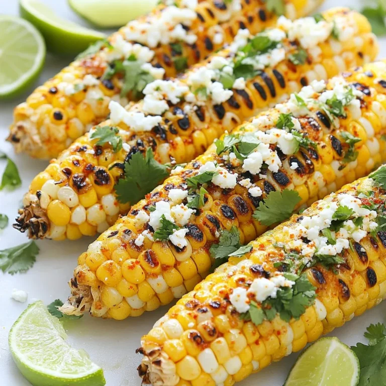 - 4 ears of fresh corn, husked - 1 lime, zested and juiced To make chili lime grilled corn, fresh corn is key. Choose ears that feel firm to your touch. Look for bright green husks. The lime adds a zesty kick, making the corn pop with flavor. - 2 tablespoons chili powder - 1 tablespoon smoked paprika - 1 teaspoon garlic powder - 3 tablespoons olive oil - Salt to taste For the seasoning mix, chili powder gives heat, while smoked paprika adds depth. Garlic powder boosts flavor without being overpowering. Olive oil helps blend everything and keeps the corn moist. Don’t forget to add salt to taste; it enhances all the flavors. - Crumbled feta cheese - Fresh cilantro, chopped - Lime wedges for serving Toppings can elevate your dish. Crumbled feta cheese adds creaminess. Fresh cilantro gives a burst of freshness. Serve with lime wedges for extra zing. All these toppings make the corn even more delicious and fun to eat! {{ingredient_image_1}} First, you need to preheat the grill. Set it to medium-high heat. This helps the corn cook evenly and get those nice grill marks. Next, grab a small bowl. Combine these ingredients: - 2 tablespoons chili powder - 1 tablespoon smoked paprika - 1 teaspoon garlic powder - Zest from 1 lime - 3 tablespoons olive oil - Salt to taste Mix well until it forms a thick paste. This adds great flavor to your corn. Now, take your ears of corn and husk them. Remove all the silk strands. Brush the chili-lime mixture all over each ear of corn. Make sure to coat them well. Place the corn directly on the grill grates. Grill for about 10-12 minutes. Turn the corn every few minutes. You want the kernels to be tender and slightly charred. Once done, take them off the grill and squeeze fresh lime juice over each ear. Enjoy! To get that perfect char, start with a clean grill. A clean grill helps the corn cook evenly. Preheat the grill to medium-high heat. Place the corn directly on the grill grates. Turn the corn every few minutes. This helps to avoid burning while getting those nice grill marks. Look for a golden-brown color on the kernels. This means your corn is ready and has great flavor. The chili-lime paste is tasty, but you can add more! Try using cumin or cayenne for extra heat. Fresh herbs like thyme or oregano can change the taste too. If you like smokiness, try adding more smoked paprika. Don't forget about lime zest; it gives a fresh kick. Feel free to mix and match spices based on your taste. Serving your chili-lime grilled corn can be fun! Place the corn on a large platter for a family-style meal. Squeeze fresh lime juice over each ear for a zesty finish. Sprinkle crumbled feta cheese on top for a salty bite. Add chopped cilantro for a pop of color. Serve with lime wedges on the side for extra zing. This simple presentation makes your dish look great and taste even better! Pro Tips Choose Fresh Corn: For the best flavor, select ears of corn that are bright green, with tightly wrapped husks and moist silk. Fresh corn is sweet and tender, making it perfect for grilling. Customize the Spice Level: If you prefer a milder version, reduce the amount of chili powder or opt for a mild variant. For extra heat, add cayenne pepper or red pepper flakes to the chili-lime mix. Grill Technique: To prevent the corn from charring too quickly, you can soak the husked ears in water for about 15 minutes before grilling. This will add moisture and help achieve a perfect char. Serving Suggestions: For a fun twist, try serving the corn with a variety of toppings such as avocado, lime crema, or a sprinkle of chili flakes for an extra kick. {{image_2}} You can change the spice mix for fun new flavors. Try using cumin for a warm taste. Paprika adds a smoky flavor. If you want heat, add cayenne pepper. For a fresh twist, use fresh herbs like basil or mint. Mix and match to find your favorite blend! To make this dish dairy-free, skip the feta cheese. You can still enjoy a rich flavor. Instead, use avocado or a sprinkle of nutritional yeast. Both add creaminess without dairy. This way, everyone can enjoy this corn dish, even those with dairy allergies. Don’t have a grill? No problem! You can roast the corn in the oven. Preheat to 400°F. Wrap the corn in foil and bake for 20 minutes. You can also use a stovetop grill pan. Just heat it over medium heat and cook the corn for 10-12 minutes, turning often. You’ll get that nice char even indoors! To store leftover grilled corn, let it cool first. Wrap each ear tightly in plastic wrap. Place the wrapped corn in an airtight container. This keeps the corn fresh for up to three days in the fridge. You can also use aluminum foil if you prefer. Just make sure it is sealed well. To reheat the corn without losing its great taste, try using the grill or stovetop. Heat your grill to medium. Place the corn on the grill for about 5 minutes. Turn it until warm. If using the stovetop, add a little olive oil to a pan. Heat the corn over medium heat, turning often. This keeps the corn juicy and tasty. Yes, you can freeze grilled corn! First, let it cool down. Then, remove the husks and wrap each ear in plastic wrap. Place the wrapped corn in a freezer bag. Be sure to squeeze out as much air as possible. This will keep the corn fresh for up to six months in the freezer. When ready to eat, thaw it in the fridge overnight before reheating. Yes, you can use frozen corn. However, fresh corn gives better flavor and texture. Frozen corn might be softer after grilling. If using frozen corn, thaw it first. Pat it dry to reduce moisture. This step helps achieve a good char. Cook it for shorter time, about 5-7 minutes. Watch closely to avoid mushiness. You can tell corn is done when it is tender and slightly charred. Look for deep golden brown spots on the kernels. They should be juicy and soft but not mushy. Use tongs to turn the corn every few minutes. This ensures even cooking. If you hear popping sounds, it’s a good sign! Yes, you can prepare the chili lime mixture ahead of time. Mix the chili powder, smoked paprika, garlic powder, lime zest, olive oil, and salt. Store it in an airtight container in the fridge. It will keep well for about a week. Stir well before using, as it may separate. This saves time on grilling day! Grilling corn is simple and rewarding. We covered the best ingredients, seasonings, and optional toppings. I shared step-by-step instructions and helpful tips for perfect grill marks and flavor. You can try variations for different tastes and learned how to store leftovers. Enjoy your grilled corn! It's a tasty treat for any meal or gathering.