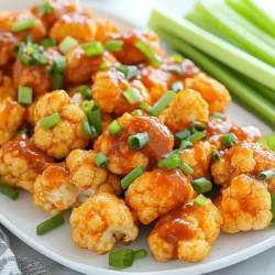 To make Air Fryer Buffalo Cauliflower Wings, you need a few key items: - 1 medium head of cauliflower, chopped into bite-sized florets - 1 cup all-purpose flour - 1 cup plant-based milk (or regular milk) - 1 teaspoon garlic powder - 1 teaspoon onion powder - 1 teaspoon smoked paprika - 1 teaspoon salt - &frac12; teaspoon pepper - 1 cup buffalo sauce - Cooking spray You will need some simple tools to prepare your wings: - Mixing bowl - Whisk - Air fryer - Cooking spray - Platter for serving If you want to make changes, here are some options: - Use gluten-free flour instead of all-purpose flour. - Swap plant-based milk with almond or oat milk for a dairy-free option. - For a spicy kick, add cayenne pepper to the batter. These ingredients and tools will help you create crispy and flavorful buffalo cauliflower wings that everyone will love. You can easily adjust the recipe to fit your dietary needs. Enjoy making these tasty bites! {{ingredient_image_1}} Start by rinsing the cauliflower. This step removes any dirt. Next, chop the head into small, bite-sized florets. Aim for even pieces. This helps them cook evenly. Grab a mixing bowl for the batter. Add 1 cup of flour, 1 teaspoon of garlic powder, 1 teaspoon of onion powder, 1 teaspoon of smoked paprika, 1 teaspoon of salt, and &frac12; teaspoon of pepper. Whisk these dry ingredients well. Slowly pour in 1 cup of plant-based milk. Mix until smooth. The batter should be thick but pourable. Preheat your air fryer to 375&deg;F (190&deg;C) for about 5 minutes. Spray the basket with cooking spray. This prevents sticking. Dip each cauliflower floret into the batter. Make sure they are well-coated, then shake off excess batter. Place the florets in the air fryer basket in a single layer. You might need to cook in batches. Cook the wings for 12-15 minutes. Shake the basket halfway through to ensure even cooking. They should look golden and crispy. After cooking, toss the wings in a bowl with buffalo sauce. Coat them evenly. Return them to the air fryer for 5 more minutes. This helps set the sauce. Finally, let the wings cool slightly before serving. To get crispy cauliflower wings, you need to follow some steps. First, make sure to coat each floret well. The batter should stick nicely. If it's too thin, add a little more flour. This helps form a nice crust. Preheat your air fryer to 375&deg;F. This heat makes the wings crispy. Cook them in a single layer, not stacked. This allows hot air to circulate and crisp them up. Batter separation can happen if the mixture sits too long. To avoid this, mix the batter just before coating the cauliflower. After dipping the florets, shake off any extra batter. This helps the coating stay on during cooking. If you see separation, just whisk the batter again. Keep it smooth for the best results. Consistency is key for a good coating. Coating the wings in sauce is easy. After cooking, place the wings in a bowl. Pour the buffalo sauce over the wings. Toss gently to coat each piece well. Make sure all sides are covered. For a thicker sauce layer, toss again. You can return the sauced wings to the air fryer for five more minutes. This helps the sauce stick better and enhances flavor. Enjoy your tasty buffalo cauliflower wings! Pro Tips Use Fresh Cauliflower: For the best flavor and texture, opt for a fresh cauliflower head rather than pre-packaged florets. Adjust the Spice Level: If you prefer a milder flavor, mix buffalo sauce with a little plant-based milk or butter to tone down the heat. Batch Cooking: If cooking for a crowd, consider doing this in batches to avoid overcrowding the air fryer, which can lead to uneven cooking. Experiment with Coatings: Try adding different spices or breadcrumbs to the batter for unique flavors and added crunch. {{image_2}} You can spice up your buffalo cauliflower wings in many ways. Try adding cayenne pepper to the batter for extra heat. You can also use a spicier buffalo sauce if you like a real kick. Another option is to mix in some hot sauce directly into the batter. This adds flavor and heat all at once. Buffalo sauce is great, but feel free to explore other flavors. You can toss the wings in barbecue sauce for a sweet twist. A honey mustard sauce adds a nice tang. For a creamy option, try tossing the wings in ranch dressing after cooking. You can also experiment with sriracha or teriyaki sauce for unique flavors. If you need a gluten-free option, use almond flour instead of all-purpose flour. You can also try chickpea flour, which adds protein. Just make sure your buffalo sauce is gluten-free. This way, you can enjoy the crispy goodness without any gluten worries. After making your Air Fryer Buffalo Cauliflower Wings, let them cool. Place any leftovers in a sealed container. Store them in the fridge for up to 3 days. If they are not cool, moisture can make them soggy. To reheat, use your air fryer again. Preheat it to 350&deg;F (175&deg;C). Place the wings in the basket and heat for 5-7 minutes. This helps them regain their crispiness. You can also use an oven. Heat them at 350&deg;F (175&deg;C) for about 10 minutes. If you want to freeze, do it before adding the buffalo sauce. Place the cooked cauliflower wings in a freezer bag. Remove as much air as you can. They can last up to 2 months in the freezer. When ready to eat, thaw them overnight in the fridge before reheating. Yes, you can use frozen cauliflower for this recipe. Just make sure to thaw it first. Pat the cauliflower dry with a paper towel. This helps remove excess moisture. If it's too wet, the batter won&rsquo;t stick well. You may need to adjust cooking time. Frozen florets might need a few extra minutes to get crispy. To add more heat, you can mix extra hot sauce into the batter. Use a spicy buffalo sauce or add cayenne pepper to the batter. You can also sprinkle chili powder or red pepper flakes on the wings after tossing them in the sauce. Adjust the spice level to your taste. Just remember, a little spice goes a long way! Buffalo cauliflower wings pair well with ranch or blue cheese dressing. These cool flavors balance the heat from the wings. You can also try a creamy avocado dip or a tangy yogurt sauce. For a fun twist, serve with a peanut sauce or sweet chili sauce. These options add new flavors to your snack! In this blog post, we covered how to make delicious buffalo cauliflower wings. We discussed the needed ingredients and the best equipment for cooking. I shared step-by-step instructions to prepare, batter, and air fry the cauliflower. You learned tips for crispiness and batter that sticks well. We explored fun variations and how to store leftovers. Cauliflower wings are tasty and easy to customize. Enjoy your cooking and make it your own!