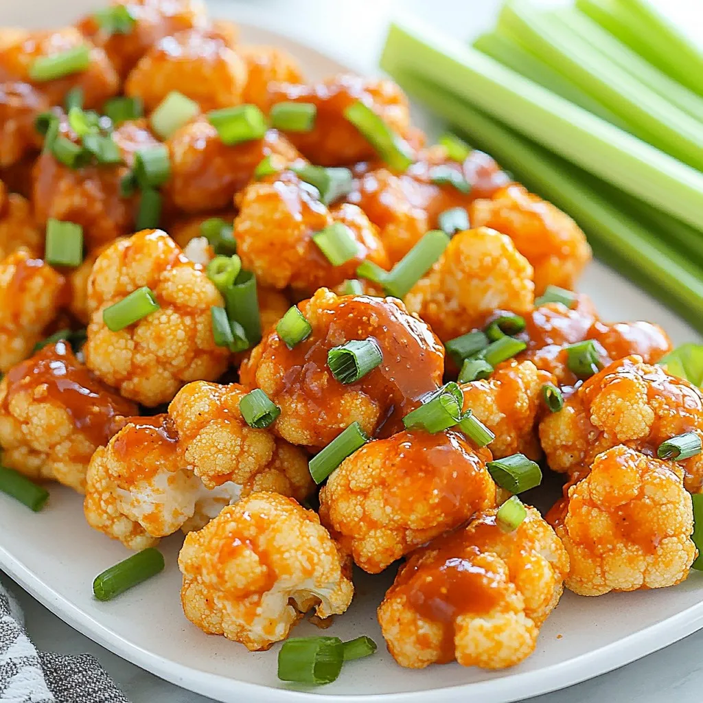 To make Air Fryer Buffalo Cauliflower Wings, you need a few key items: - 1 medium head of cauliflower, chopped into bite-sized florets - 1 cup all-purpose flour - 1 cup plant-based milk (or regular milk) - 1 teaspoon garlic powder - 1 teaspoon onion powder - 1 teaspoon smoked paprika - 1 teaspoon salt - ½ teaspoon pepper - 1 cup buffalo sauce - Cooking spray You will need some simple tools to prepare your wings: - Mixing bowl - Whisk - Air fryer - Cooking spray - Platter for serving If you want to make changes, here are some options: - Use gluten-free flour instead of all-purpose flour. - Swap plant-based milk with almond or oat milk for a dairy-free option. - For a spicy kick, add cayenne pepper to the batter. These ingredients and tools will help you create crispy and flavorful buffalo cauliflower wings that everyone will love. You can easily adjust the recipe to fit your dietary needs. Enjoy making these tasty bites! {{ingredient_image_1}} Start by rinsing the cauliflower. This step removes any dirt. Next, chop the head into small, bite-sized florets. Aim for even pieces. This helps them cook evenly. Grab a mixing bowl for the batter. Add 1 cup of flour, 1 teaspoon of garlic powder, 1 teaspoon of onion powder, 1 teaspoon of smoked paprika, 1 teaspoon of salt, and ½ teaspoon of pepper. Whisk these dry ingredients well. Slowly pour in 1 cup of plant-based milk. Mix until smooth. The batter should be thick but pourable. Preheat your air fryer to 375°F (190°C) for about 5 minutes. Spray the basket with cooking spray. This prevents sticking. Dip each cauliflower floret into the batter. Make sure they are well-coated, then shake off excess batter. Place the florets in the air fryer basket in a single layer. You might need to cook in batches. Cook the wings for 12-15 minutes. Shake the basket halfway through to ensure even cooking. They should look golden and crispy. After cooking, toss the wings in a bowl with buffalo sauce. Coat them evenly. Return them to the air fryer for 5 more minutes. This helps set the sauce. Finally, let the wings cool slightly before serving. To get crispy cauliflower wings, you need to follow some steps. First, make sure to coat each floret well. The batter should stick nicely. If it's too thin, add a little more flour. This helps form a nice crust. Preheat your air fryer to 375°F. This heat makes the wings crispy. Cook them in a single layer, not stacked. This allows hot air to circulate and crisp them up. Batter separation can happen if the mixture sits too long. To avoid this, mix the batter just before coating the cauliflower. After dipping the florets, shake off any extra batter. This helps the coating stay on during cooking. If you see separation, just whisk the batter again. Keep it smooth for the best results. Consistency is key for a good coating. Coating the wings in sauce is easy. After cooking, place the wings in a bowl. Pour the buffalo sauce over the wings. Toss gently to coat each piece well. Make sure all sides are covered. For a thicker sauce layer, toss again. You can return the sauced wings to the air fryer for five more minutes. This helps the sauce stick better and enhances flavor. Enjoy your tasty buffalo cauliflower wings! Pro Tips Use Fresh Cauliflower: For the best flavor and texture, opt for a fresh cauliflower head rather than pre-packaged florets. Adjust the Spice Level: If you prefer a milder flavor, mix buffalo sauce with a little plant-based milk or butter to tone down the heat. Batch Cooking: If cooking for a crowd, consider doing this in batches to avoid overcrowding the air fryer, which can lead to uneven cooking. Experiment with Coatings: Try adding different spices or breadcrumbs to the batter for unique flavors and added crunch. {{image_2}} You can spice up your buffalo cauliflower wings in many ways. Try adding cayenne pepper to the batter for extra heat. You can also use a spicier buffalo sauce if you like a real kick. Another option is to mix in some hot sauce directly into the batter. This adds flavor and heat all at once. Buffalo sauce is great, but feel free to explore other flavors. You can toss the wings in barbecue sauce for a sweet twist. A honey mustard sauce adds a nice tang. For a creamy option, try tossing the wings in ranch dressing after cooking. You can also experiment with sriracha or teriyaki sauce for unique flavors. If you need a gluten-free option, use almond flour instead of all-purpose flour. You can also try chickpea flour, which adds protein. Just make sure your buffalo sauce is gluten-free. This way, you can enjoy the crispy goodness without any gluten worries. After making your Air Fryer Buffalo Cauliflower Wings, let them cool. Place any leftovers in a sealed container. Store them in the fridge for up to 3 days. If they are not cool, moisture can make them soggy. To reheat, use your air fryer again. Preheat it to 350°F (175°C). Place the wings in the basket and heat for 5-7 minutes. This helps them regain their crispiness. You can also use an oven. Heat them at 350°F (175°C) for about 10 minutes. If you want to freeze, do it before adding the buffalo sauce. Place the cooked cauliflower wings in a freezer bag. Remove as much air as you can. They can last up to 2 months in the freezer. When ready to eat, thaw them overnight in the fridge before reheating. Yes, you can use frozen cauliflower for this recipe. Just make sure to thaw it first. Pat the cauliflower dry with a paper towel. This helps remove excess moisture. If it's too wet, the batter won’t stick well. You may need to adjust cooking time. Frozen florets might need a few extra minutes to get crispy. To add more heat, you can mix extra hot sauce into the batter. Use a spicy buffalo sauce or add cayenne pepper to the batter. You can also sprinkle chili powder or red pepper flakes on the wings after tossing them in the sauce. Adjust the spice level to your taste. Just remember, a little spice goes a long way! Buffalo cauliflower wings pair well with ranch or blue cheese dressing. These cool flavors balance the heat from the wings. You can also try a creamy avocado dip or a tangy yogurt sauce. For a fun twist, serve with a peanut sauce or sweet chili sauce. These options add new flavors to your snack! In this blog post, we covered how to make delicious buffalo cauliflower wings. We discussed the needed ingredients and the best equipment for cooking. I shared step-by-step instructions to prepare, batter, and air fry the cauliflower. You learned tips for crispiness and batter that sticks well. We explored fun variations and how to store leftovers. Cauliflower wings are tasty and easy to customize. Enjoy your cooking and make it your own!