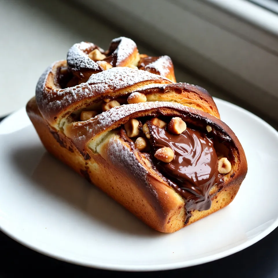 To make a delightful Chocolate Hazelnut Babka, you need the following ingredients: - 4 cups all-purpose flour - 1 packet (2 ¼ teaspoons) active dry yeast - ½ cup granulated sugar - 1 tsp salt - ½ cup whole milk, warmed (110°F) - ½ cup unsalted butter, melted - 3 large eggs - 1 cup chocolate hazelnut spread (like Nutella) - ½ cup chopped hazelnuts, toasted - 1 egg (for egg wash) - Powdered sugar for dusting (optional) Each ingredient plays a key role in creating this tasty treat. The all-purpose flour gives the babka its structure. Yeast helps the dough rise and become airy. Sugar adds sweetness, while salt balances the flavors. Warmed milk activates the yeast, making it bubbly and lively. Melted butter provides richness, and eggs bring moisture and help with binding. The chocolate hazelnut spread is the star, giving that sweet, nutty flavor we love. Chopped hazelnuts add crunch and depth. For the egg wash, a single beaten egg ensures a shiny, golden crust. If you want an extra touch, sprinkle powdered sugar on top before serving. This simple list holds the secrets to a truly delightful babka. {{ingredient_image_1}} - Activating the yeast: Start by mixing ½ cup of warmed milk, ½ cup of sugar, and 2 ¼ teaspoons of active dry yeast in a large bowl. Let it sit for about 5-10 minutes. You want it to become foamy. This shows the yeast is alive and ready. - Combining dry ingredients: In another bowl, whisk together 4 cups of all-purpose flour and 1 teaspoon of salt. This helps mix the dry parts evenly. - Mixing ingredients: Make a well in the flour mix. Pour in the yeast mix, ½ cup of melted unsalted butter, and 3 large eggs. Stir until a dough forms. - Kneading the dough: Transfer the dough to a floured surface. Knead it for 8-10 minutes until it's smooth and elastic. This builds the right texture for your babka. - Rolling out the dough: Once kneaded, roll out your dough into a rectangle, about ¼ inch thick. Make sure it's even for the best results. - Spreading the fillings: Spread 1 cup of chocolate hazelnut spread evenly over the dough. Then, sprinkle ½ cup of chopped, toasted hazelnuts on top. - Twisting and shaping: Starting from one long edge, carefully roll the dough into a log. Pinch the seams to seal it. Cut the log in half lengthwise, exposing the filling. Twist the two pieces together, keeping the cut sides facing up. - Second rise: Place the twisted dough in a greased 9x5 inch loaf pan. Let it rise for another 30-45 minutes. It should puff up a bit. - Baking the babka: Preheat your oven to 350°F (175°C). Brush the top with a beaten egg for a nice shine. Bake for 30-35 minutes until golden brown. A toothpick should come out clean when inserted in the center. - Cooling and serving: Let the babka cool in the pan for 15 minutes. Then, transfer it to a wire rack. Dust with powdered sugar if you like before slicing. Enjoy your delicious creation! To get the best dough for babka, check these signs: - The dough should feel smooth and elastic. - It should not stick to your hands or the surface. Kneading is key. Here are my tips: - Use firm pressure to push the dough away. - Fold it back, turn it 90 degrees, and repeat. - Knead for about 8-10 minutes for best results. Want to make your babka even better? Here are some ideas: - Add spices like cinnamon for warmth. - Try a mix of chocolate hazelnut spread and peanut butter for a twist. For the nut to chocolate ratio, aim for balance: - Use about ½ cup of hazelnuts. - This gives a nice crunch without overpowering the chocolate. Pair your babka with drinks for a tasty treat: - Coffee or tea works well and brings out the flavors. - Try it with a glass of milk for a kid-friendly option. For presentation, think simple yet elegant: - Dust the top with powdered sugar for a sweet touch. - Slice it into thick, generous pieces for serving. Pro Tips Use Fresh Yeast: Ensure your active dry yeast is fresh for optimal rise and texture in your babka. Warm Ingredients: Use room temperature eggs and melted butter for better incorporation into the dough. Seal Well: Be sure to pinch the seams of the dough tightly to prevent the filling from leaking during baking. Perfect Bake: Check for doneness by tapping the bottom of the loaf; it should sound hollow when fully baked. {{image_2}} You can change the filling of your babka to mix things up. - Almond paste: This sweet, nutty spread adds a rich flavor. It pairs well with the soft dough. - Fruit preserves: Use your favorite fruit jam or preserves. Raspberry or apricot work great. They add a nice fruity twist. If you need to adjust the recipe for diets, here are some ideas. - Gluten-free options: Use a gluten-free flour blend. Make sure it has a good texture for the dough. - Vegan substitutions: Replace the eggs with flaxseed meal and the butter with vegan butter. Use almond milk instead of whole milk for a dairy-free option. You can also add unique flavors to your babka with these ideas. - Swirling additional flavors: Try mixing vanilla or coffee into the chocolate spread. This can enhance the taste. - Using different types of nuts: Instead of hazelnuts, you can use walnuts or pecans. They give a different crunch and flavor. These variations let you create a babka that suits your taste. Enjoy experimenting! Store your chocolate hazelnut babka at room temperature. Use an airtight container to keep it fresh. If you live in a very humid place, you might want to refrigerate it. However, refrigeration can make the texture a bit dry. Always wrap the babka tightly in plastic wrap or foil before placing it in a container. This way, it stays soft and tasty. Your babka stays fresh for about 2 to 3 days at room temperature. You can extend its life by refrigerating it for up to a week. To check for spoilage, look for any mold or off smells. If it feels hard or dry, it’s best to toss it. Fresh babka should feel soft and smell sweet, not stale. Chocolate hazelnut babka is a sweet, braided bread. It has a rich filling of chocolate hazelnut spread and toasted hazelnuts. The dough is soft and fluffy, perfect for breakfast or dessert. This pastry comes from Eastern European Jewish tradition. Many people enjoy it fresh or toasted. Yes, you can use other spreads. Peanut butter or almond butter works well too. Fruit jams or cream cheese can offer a different taste. Just make sure the spread is thick enough to hold up in the dough. Experimenting with flavors adds fun to your baking. To reheat leftover babka, use the oven for best results. Preheat the oven to 350°F (175°C). Wrap the babka in foil to keep it moist. Heat for about 10-15 minutes until warm. You can also use a microwave. Just heat for 10-15 seconds at a time. Keep an eye on it to prevent drying. Enjoy your babka fresh and soft! Making chocolate hazelnut babka is fun and rewarding. You learned about key ingredients like all-purpose flour, yeast, and chocolate hazelnut spread. Following the steps to prepare the dough, shape it, and bake it creates a delicious treat. Remember to try different fillings and toppings for unique flavors. With the tips on storage and serving, your babka will stay fresh and tasty. I hope you feel inspired to bake and enjoy this delightful pastry with friends and family.