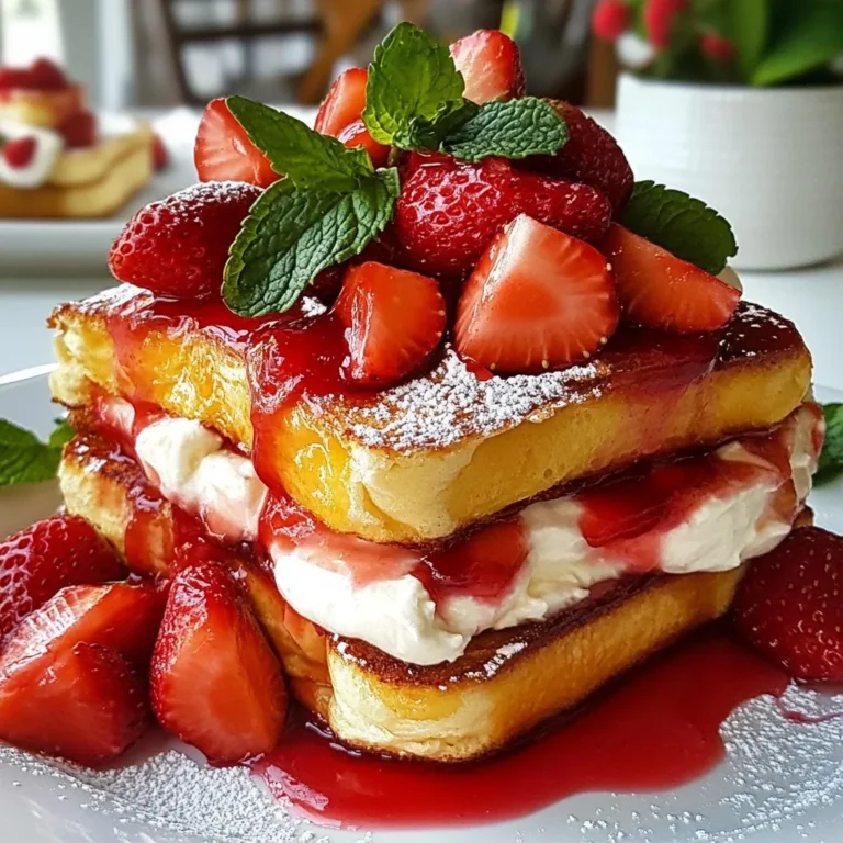 To make Strawberry Cheesecake French Toast, gather these key ingredients: - 8 slices of thick bread (brioche or challah recommended) - 4 oz cream cheese, softened - 1/4 cup sugar - 1 teaspoon vanilla extract - 2 large eggs - 1/2 cup milk - 1/2 teaspoon ground cinnamon - 1 cup fresh strawberries, hulled and sliced - 1/4 cup strawberry jam - Butter for cooking - Powdered sugar for dusting - Fresh mint leaves for garnish (optional) These ingredients work together to create a rich and creamy filling, along with a delightful crunch. Using thick bread like brioche or challah gives a soft texture that holds up well. Cream cheese adds richness while sugar and vanilla bring sweetness. Eggs and milk make the French toast custardy. Fresh strawberries and strawberry jam provide a fruity burst. Butter ensures a golden finish, while powdered sugar and mint elevate the presentation. {{ingredient_image_1}} Start by taking a mixing bowl. Add the softened cream cheese, sugar, and vanilla extract. Use a hand mixer or a whisk to beat until it is smooth and creamy. Make sure there are no lumps. This mixture will give your French toast that cheesecake flavor. Now, grab four slices of your thick bread. Spread a generous layer of the cream cheese mixture on each slice. Top them with sliced strawberries. Place the remaining four slices of bread on top to form sandwiches. Press down gently so the filling sticks. Next, take a shallow dish and whisk together the eggs, milk, and ground cinnamon. Heat a skillet over medium heat and add a pat of butter. Dip each sandwich into the egg mixture, coating both sides. Place the soaked sandwiches onto the skillet. Cook for 3 to 4 minutes on each side, until they turn golden brown. While the French toast cooks, warm the strawberry jam in a small saucepan over low heat. Once the toast is done, remove it from the skillet and slice it diagonally. Serve your French toast warm, drizzled with the warm strawberry jam and dusted with powdered sugar. Add mint leaves for a nice touch if you like. Enjoy your delicious Strawberry Cheesecake French Toast! To make the cream cheese mix smooth, start with softened cream cheese. If it’s cold, it can clump. Mix it with sugar and vanilla. Keep beating until it looks creamy. This mix gives your toast a rich, sweet taste. You can add a bit of lemon juice for a zing. It brightens the flavor and adds a nice twist. Heat your skillet over medium heat. Add butter and let it melt. When the butter bubbles, it’s ready. Dip each sandwich in the egg mix. Make sure both sides are coated. Cook for about 3-4 minutes per side. You want a nice golden color. Check the bottom before flipping. If it’s not brown, give it more time. Slice the French toast diagonally for a nice look. Drizzle warm strawberry jam on top for sweetness. Dust with powdered sugar for a pretty finish. Add fresh mint leaves for color and taste. You can serve this with whipped cream or extra strawberries on the side. It makes the dish feel special and fun. Enjoy this treat for breakfast or brunch! Pro Tips Choose the Right Bread: A thick-cut bread like brioche or challah absorbs the egg mixture better, resulting in a fluffier French toast. Fresh Strawberries: Use ripe, fresh strawberries for the best flavor and sweetness. You can also try adding other berries for variety. Control the Heat: Cooking on medium heat prevents the outside from burning while ensuring the inside is cooked through. Adjust as necessary. Make It Ahead: Prepare the cream cheese mixture and assemble the sandwiches the night before. Just dip in the egg mixture and cook in the morning! {{image_2}} You can switch up the strawberries in this dish. Use blueberries for a juicy burst. Raspberries add a nice tartness. Sliced bananas bring a sweet twist. Peaches or even apples can work well too. Each fruit gives a new taste and look to your French toast. To make this dish gluten-free, use gluten-free bread. Many stores sell great options. For a dairy-free version, swap cream cheese with a plant-based cream. Use almond milk or oat milk instead of regular milk. These changes keep the taste while fitting your diet needs. You can spice up your French toast with cinnamon, nutmeg, or cardamom. Each spice gives a warm flavor that blends nicely. Adding a splash of almond extract boosts the taste too. You can also mix in a bit of lemon zest for a fresh kick. These enhancements make your dish unique and exciting. To store leftover Strawberry Cheesecake French Toast, let it cool first. Place it in an airtight container. Keep it in the fridge for up to three days. This keeps the toast fresh and tasty. You can also separate layers with parchment paper to prevent sticking. If you want to save some for later, freezing works well. Wrap each piece in plastic wrap tightly. Place the wrapped toast in a freezer bag. You can freeze it for up to one month. When you are ready to enjoy it, thaw in the fridge overnight. To reheat, you have a couple of options. You can use the oven or a microwave. For the oven, preheat it to 350°F. Place the toast on a baking sheet. Heat for about 10 minutes until warm. If using a microwave, place on a plate and heat for 30 seconds at a time. Check often to avoid overcooking. Enjoy your delicious French toast warm! Yes, you can use frozen strawberries. Just remember to thaw them first. Drain any extra juice to keep your French toast from getting too wet. Frozen strawberries work well when fresh ones are not available. They still add great flavor and sweetness to your dish. The best bread for French toast is thick bread like brioche or challah. These types soak up the egg mixture well. They also become soft and fluffy when cooked. If you use thin bread, it may not hold up and could break apart. To avoid soggy French toast, do not soak the bread too long. Just dip it quickly in the egg mixture. Make sure your skillet is hot before you cook the bread. Cooking it at the right temperature gives you a nice golden crust. This helps keep the inside soft but not soggy. In this blog post, we explored the best ingredients for delicious French toast sandwiches. We walked through the steps to mix the cream cheese, assemble the sandwiches, and cook them to perfection. I shared tips to make your dish stand out and discussed tasty variations, including gluten-free options. Lastly, we covered how to store your leftovers correctly. Enjoying this dish is easy, so get creative in your kitchen! You’ll love the results.