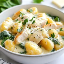 - 1 lb chicken breast, diced - 1 tablespoon olive oil - 1 medium onion, diced - 3 cloves garlic, minced - 2 cups chicken broth - 16 oz potato gnocchi (store-bought) - 1 cup heavy cream - 1 cup spinach, fresh - 1 teaspoon Italian seasoning - Salt and pepper to taste - Grated Parmesan cheese, for serving - Fresh parsley, chopped (for garnish) This dish needs just a few simple ingredients. Start with chicken breast, which gives great flavor and protein. Olive oil helps cook the chicken and adds richness. Onion and garlic bring a sweet and savory taste. Chicken broth forms the base of the sauce. Next, you need potato gnocchi. This soft pasta cooks quickly and adds a nice texture. Heavy cream makes the dish rich and creamy. Fresh spinach adds color and nutrients. Use Italian seasoning for a herby touch. Finally, salt and pepper enhance all the flavors. For serving, sprinkle grated Parmesan cheese on top. Fresh parsley gives a nice pop of color and a fresh taste. These ingredients come together to create a warm and comforting meal. Enjoy cooking this easy one-pot dish! {{ingredient_image_1}} - Browning and Seasoning Start by heating the olive oil in a large pot over medium heat. Add the diced chicken breast. Season it with salt, pepper, and Italian seasoning. Cook the chicken for about 5-7 minutes until it turns brown and is fully cooked. Remove the chicken from the pot and set it aside. - Cooking Duration Make sure the chicken is no longer pink inside. This step is key for the best flavor. - Cooking the Onion In the same pot, add the diced onion. Saut&eacute; it for about 3-4 minutes until the onion becomes soft and translucent. This builds a nice base for your dish. - Adding Garlic Next, add the minced garlic to the pot. Cook for another 1-2 minutes, stirring often. The garlic will add a wonderful aroma and flavor. - Simmering with Chicken Broth Pour the chicken broth into the pot. Bring it to a gentle simmer. This will help combine all the flavors. - Timing for Gnocchi Add the potato gnocchi to the simmering broth. Cook according to the package instructions, usually about 2-3 minutes. You&rsquo;ll know they are ready when they float to the surface. - Incorporating Heavy Cream Reduce the heat and stir in the heavy cream. Mix it well into the broth. This will create a rich and creamy sauce. - Thickening Process Allow the sauce to thicken slightly. Stir occasionally to prevent sticking. This adds a nice texture to your dish. - Returning Chicken and Adding Spinach Add the cooked chicken back into the pot along with the fresh spinach. Stir everything together until the spinach wilts. This should take about 2-3 minutes. - Heating Through Make sure everything is heated through before serving. Taste and adjust your seasoning if needed. Enjoy your creamy chicken gnocchi! To make the One-Pot Creamy Chicken Gnocchi shine, focus on balance. Use fresh ingredients like garlic and spinach. They add bright notes to the rich cream. Don't skip the Italian seasoning; it brings the dish together. Always taste as you cook. Adjust salt and pepper to your liking. Cook the chicken until it's golden brown. This step brings out more flavor. Keep an eye on the gnocchi as they cook. They only take a few minutes in the broth. Once they float, they are ready. Stir in the cream gently. A lower heat helps it thicken without burning. Serve your dish in deep bowls. A sprinkle of grated Parmesan adds a nice touch. Fresh parsley gives color and freshness. These small details make your meal look gourmet. Warm bread on the side makes it even better. Pair this dish with a crisp salad. A simple green salad with lemon dressing works well. You can also serve it with roasted vegetables for added flavor. A light white wine can enhance the creamy sauce. Enjoying this meal with loved ones makes it even more special. Pro Tips Use Fresh Spinach: Opt for fresh spinach instead of frozen for better texture and flavor. Add it at the end of cooking to retain its vibrant green color and nutrients. Customize with Veggies: Add other vegetables like bell peppers or mushrooms to enhance the dish's flavor and nutrition. Saut&eacute; them along with the onions for a delicious boost. Thickening the Sauce: If you prefer a thicker sauce, let it simmer a bit longer after adding the cream. You can also add a tablespoon of cornstarch mixed with water for extra thickness. Parmesan for Flavor: Use freshly grated Parmesan cheese for the best flavor. It melts beautifully into the sauce and adds a rich, savory taste to the dish. {{image_2}} Alternative Proteins You can switch out chicken for other meats. Try diced turkey or shrimp. For a vegetarian twist, use mushrooms or chickpeas. Each option gives a new taste while keeping it creamy. Vegetables and Herbs Add different veggies to boost flavor. Bell peppers, zucchini, or kale work well. Fresh herbs, like basil or thyme, can also enhance each bite. Gluten-Free Options For a gluten-free meal, choose gluten-free gnocchi. Many brands offer great options that taste just as good. Ensure all other ingredients are gluten-free too. Dairy-Free Cooking You can make this dish dairy-free by using coconut cream. Substitute the heavy cream with it. Nutritional yeast adds a cheesy flavor without dairy. Spice Level Adjustments If you like heat, add red pepper flakes. They bring a nice kick to the dish. You can also try a dash of hot sauce for an extra boost. Additional Seasonings Experiment with other seasonings. Smoked paprika adds depth, while lemon zest can brighten the flavors. Try adding a splash of white wine for a gourmet touch. To keep your One-Pot Creamy Chicken Gnocchi fresh, store it in an airtight container. Make sure it cools down before sealing it. Always place it in the fridge within two hours of cooking. This will help prevent any bacteria from growing. For the best taste, eat it within three days. Reheat only the portion you plan to eat. You can freeze this dish if you want to save it for later. First, let it cool completely. Then, transfer it to a freezer-safe container, leaving some space for expansion. Seal it tightly. It can last for about two months in the freezer. To reheat, thaw it overnight in the fridge. Then, warm it in a pot over low heat until hot. You may need to add a splash of broth or cream to restore the creamy texture. In the fridge, the One-Pot Creamy Chicken Gnocchi lasts for about three days. If frozen, it can stay good for up to two months. After this time, it may lose flavor and texture. Always check for signs of spoilage, like off smells or changes in color. If you notice any, it's best to discard it. You can make One-Pot Creamy Chicken Gnocchi ahead of time. Start by cooking the chicken and veggies. Then, leave out the gnocchi and cream until you're ready to eat. When you're ready, add the gnocchi and cream to the pot. This keeps the dish fresh and tasty. You can store the chicken and veggies in the fridge for up to two days. Just reheat them gently before finishing the dish. I recommend using store-bought potato gnocchi for this recipe. They cook quickly and taste great in this dish. If you want to make homemade gnocchi, that&rsquo;s fine too! Just keep in mind that homemade gnocchi can take more time and effort. Both options will work well, but store-bought is easier for busy nights. Yes, you can use other proteins in this dish. Turkey, shrimp, or tofu all work well. Each protein will bring a different flavor. If you use shrimp, cook them until pink. If you choose tofu, make sure to brown it first. Adjust the cooking time based on your choice of protein for best results. Reheating this dish is easy. You can use the stove or the microwave. For the stove, heat it over low heat. Stir it until it warms through. If using a microwave, place it in a bowl and cover it. Heat it in short bursts, stirring between, until hot. This keeps the creamy texture nice and smooth. This dish pairs well with simple sides. A fresh green salad adds a nice crunch. You can also serve garlic bread for a hearty touch. Roasted veggies or steamed broccoli complement the creamy flavors. These sides make a complete meal that everyone will enjoy! This recipe for One-Pot Creamy Chicken Gnocchi is easy and fun to make. We covered key ingredients, simple steps, tips for success, and creative variations. You can use different proteins and veggies to match your taste. Remember, meal prepping makes your week easier. Store leftovers properly for fresh meals later. With a few tweaks, you can enjoy this dish again and again. Dive into this creamy delight, and share it with family and friends. Enjoy cooking!