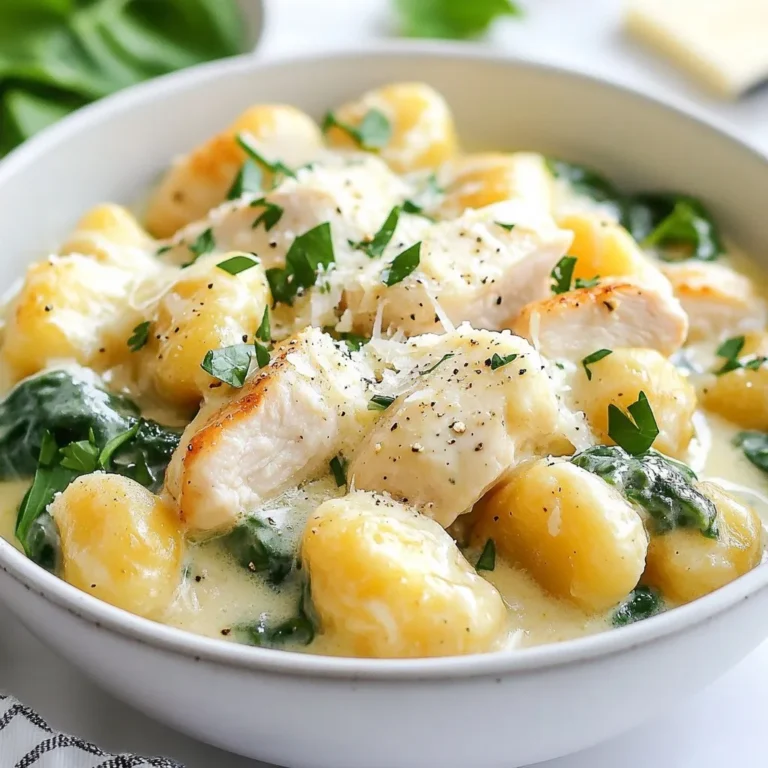 - 1 lb chicken breast, diced - 1 tablespoon olive oil - 1 medium onion, diced - 3 cloves garlic, minced - 2 cups chicken broth - 16 oz potato gnocchi (store-bought) - 1 cup heavy cream - 1 cup spinach, fresh - 1 teaspoon Italian seasoning - Salt and pepper to taste - Grated Parmesan cheese, for serving - Fresh parsley, chopped (for garnish) This dish needs just a few simple ingredients. Start with chicken breast, which gives great flavor and protein. Olive oil helps cook the chicken and adds richness. Onion and garlic bring a sweet and savory taste. Chicken broth forms the base of the sauce. Next, you need potato gnocchi. This soft pasta cooks quickly and adds a nice texture. Heavy cream makes the dish rich and creamy. Fresh spinach adds color and nutrients. Use Italian seasoning for a herby touch. Finally, salt and pepper enhance all the flavors. For serving, sprinkle grated Parmesan cheese on top. Fresh parsley gives a nice pop of color and a fresh taste. These ingredients come together to create a warm and comforting meal. Enjoy cooking this easy one-pot dish! {{ingredient_image_1}} - Browning and Seasoning Start by heating the olive oil in a large pot over medium heat. Add the diced chicken breast. Season it with salt, pepper, and Italian seasoning. Cook the chicken for about 5-7 minutes until it turns brown and is fully cooked. Remove the chicken from the pot and set it aside. - Cooking Duration Make sure the chicken is no longer pink inside. This step is key for the best flavor. - Cooking the Onion In the same pot, add the diced onion. Sauté it for about 3-4 minutes until the onion becomes soft and translucent. This builds a nice base for your dish. - Adding Garlic Next, add the minced garlic to the pot. Cook for another 1-2 minutes, stirring often. The garlic will add a wonderful aroma and flavor. - Simmering with Chicken Broth Pour the chicken broth into the pot. Bring it to a gentle simmer. This will help combine all the flavors. - Timing for Gnocchi Add the potato gnocchi to the simmering broth. Cook according to the package instructions, usually about 2-3 minutes. You’ll know they are ready when they float to the surface. - Incorporating Heavy Cream Reduce the heat and stir in the heavy cream. Mix it well into the broth. This will create a rich and creamy sauce. - Thickening Process Allow the sauce to thicken slightly. Stir occasionally to prevent sticking. This adds a nice texture to your dish. - Returning Chicken and Adding Spinach Add the cooked chicken back into the pot along with the fresh spinach. Stir everything together until the spinach wilts. This should take about 2-3 minutes. - Heating Through Make sure everything is heated through before serving. Taste and adjust your seasoning if needed. Enjoy your creamy chicken gnocchi! To make the One-Pot Creamy Chicken Gnocchi shine, focus on balance. Use fresh ingredients like garlic and spinach. They add bright notes to the rich cream. Don't skip the Italian seasoning; it brings the dish together. Always taste as you cook. Adjust salt and pepper to your liking. Cook the chicken until it's golden brown. This step brings out more flavor. Keep an eye on the gnocchi as they cook. They only take a few minutes in the broth. Once they float, they are ready. Stir in the cream gently. A lower heat helps it thicken without burning. Serve your dish in deep bowls. A sprinkle of grated Parmesan adds a nice touch. Fresh parsley gives color and freshness. These small details make your meal look gourmet. Warm bread on the side makes it even better. Pair this dish with a crisp salad. A simple green salad with lemon dressing works well. You can also serve it with roasted vegetables for added flavor. A light white wine can enhance the creamy sauce. Enjoying this meal with loved ones makes it even more special. Pro Tips Use Fresh Spinach: Opt for fresh spinach instead of frozen for better texture and flavor. Add it at the end of cooking to retain its vibrant green color and nutrients. Customize with Veggies: Add other vegetables like bell peppers or mushrooms to enhance the dish's flavor and nutrition. Sauté them along with the onions for a delicious boost. Thickening the Sauce: If you prefer a thicker sauce, let it simmer a bit longer after adding the cream. You can also add a tablespoon of cornstarch mixed with water for extra thickness. Parmesan for Flavor: Use freshly grated Parmesan cheese for the best flavor. It melts beautifully into the sauce and adds a rich, savory taste to the dish. {{image_2}} Alternative Proteins You can switch out chicken for other meats. Try diced turkey or shrimp. For a vegetarian twist, use mushrooms or chickpeas. Each option gives a new taste while keeping it creamy. Vegetables and Herbs Add different veggies to boost flavor. Bell peppers, zucchini, or kale work well. Fresh herbs, like basil or thyme, can also enhance each bite. Gluten-Free Options For a gluten-free meal, choose gluten-free gnocchi. Many brands offer great options that taste just as good. Ensure all other ingredients are gluten-free too. Dairy-Free Cooking You can make this dish dairy-free by using coconut cream. Substitute the heavy cream with it. Nutritional yeast adds a cheesy flavor without dairy. Spice Level Adjustments If you like heat, add red pepper flakes. They bring a nice kick to the dish. You can also try a dash of hot sauce for an extra boost. Additional Seasonings Experiment with other seasonings. Smoked paprika adds depth, while lemon zest can brighten the flavors. Try adding a splash of white wine for a gourmet touch. To keep your One-Pot Creamy Chicken Gnocchi fresh, store it in an airtight container. Make sure it cools down before sealing it. Always place it in the fridge within two hours of cooking. This will help prevent any bacteria from growing. For the best taste, eat it within three days. Reheat only the portion you plan to eat. You can freeze this dish if you want to save it for later. First, let it cool completely. Then, transfer it to a freezer-safe container, leaving some space for expansion. Seal it tightly. It can last for about two months in the freezer. To reheat, thaw it overnight in the fridge. Then, warm it in a pot over low heat until hot. You may need to add a splash of broth or cream to restore the creamy texture. In the fridge, the One-Pot Creamy Chicken Gnocchi lasts for about three days. If frozen, it can stay good for up to two months. After this time, it may lose flavor and texture. Always check for signs of spoilage, like off smells or changes in color. If you notice any, it's best to discard it. You can make One-Pot Creamy Chicken Gnocchi ahead of time. Start by cooking the chicken and veggies. Then, leave out the gnocchi and cream until you're ready to eat. When you're ready, add the gnocchi and cream to the pot. This keeps the dish fresh and tasty. You can store the chicken and veggies in the fridge for up to two days. Just reheat them gently before finishing the dish. I recommend using store-bought potato gnocchi for this recipe. They cook quickly and taste great in this dish. If you want to make homemade gnocchi, that’s fine too! Just keep in mind that homemade gnocchi can take more time and effort. Both options will work well, but store-bought is easier for busy nights. Yes, you can use other proteins in this dish. Turkey, shrimp, or tofu all work well. Each protein will bring a different flavor. If you use shrimp, cook them until pink. If you choose tofu, make sure to brown it first. Adjust the cooking time based on your choice of protein for best results. Reheating this dish is easy. You can use the stove or the microwave. For the stove, heat it over low heat. Stir it until it warms through. If using a microwave, place it in a bowl and cover it. Heat it in short bursts, stirring between, until hot. This keeps the creamy texture nice and smooth. This dish pairs well with simple sides. A fresh green salad adds a nice crunch. You can also serve garlic bread for a hearty touch. Roasted veggies or steamed broccoli complement the creamy flavors. These sides make a complete meal that everyone will enjoy! This recipe for One-Pot Creamy Chicken Gnocchi is easy and fun to make. We covered key ingredients, simple steps, tips for success, and creative variations. You can use different proteins and veggies to match your taste. Remember, meal prepping makes your week easier. Store leftovers properly for fresh meals later. With a few tweaks, you can enjoy this dish again and again. Dive into this creamy delight, and share it with family and friends. Enjoy cooking!