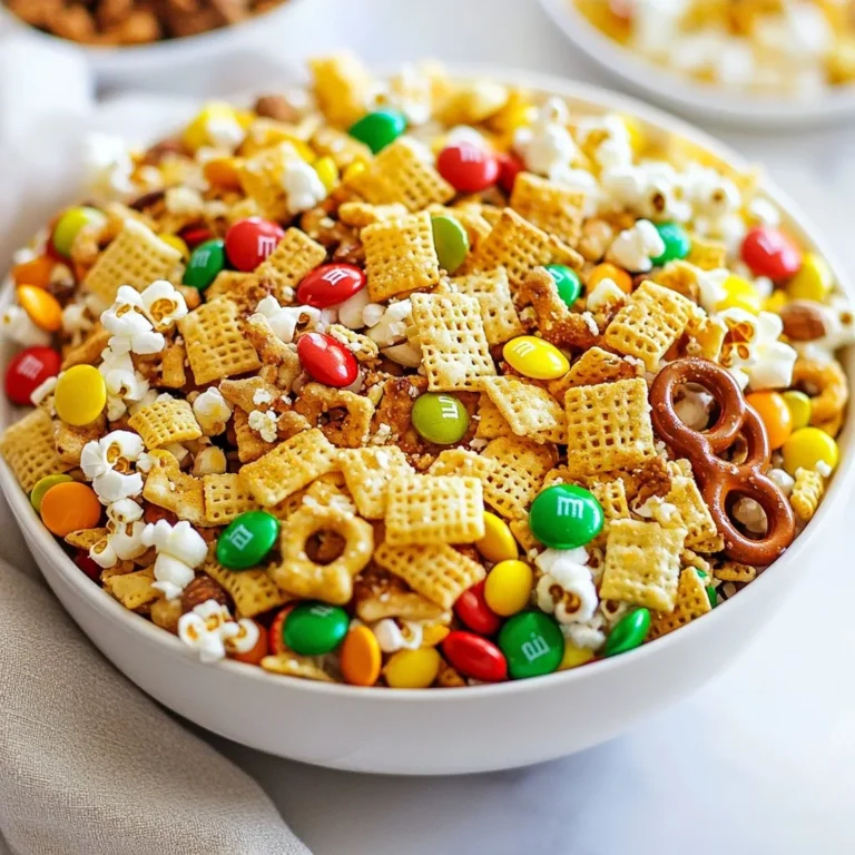 - 3 cups Rice Chex cereal - 3 cups Corn Chex cereal - 3 cups Wheat Chex cereal - 1 cup mini pretzels - 1 cup mixed nuts (almonds, cashews, walnuts) - 1 cup holiday M&M's or chocolate candies - 1 cup popcorn (popped, unsalted) First, gather your main ingredients. Rice Chex, Corn Chex, and Wheat Chex form the base of this snack. They give it a great crunch. The mini pretzels add a salty twist. I love using mixed nuts to bring in some healthy fats and protein. Next, you will want to add some fun! Holiday M&M's or chocolate candies bring sweetness and color. Finally, the popped popcorn adds lightness and a delightful texture. This mix of flavors and textures makes the perfect Chex mix. - 1 stick unsalted butter (melted) - 1/4 cup Worcestershire sauce - 1 teaspoon garlic powder - 1 teaspoon onion powder - 1 teaspoon smoked paprika - 1 teaspoon cayenne pepper (optional for a kick) - Salt to taste Now let’s move on to the coating ingredients. The melted butter adds richness and helps the seasonings stick. Worcestershire sauce gives it a savory depth. Garlic powder and onion powder add warmth and flavor. Smoked paprika brings a hint of smoke. If you like heat, you can add cayenne pepper for a spicy kick. Don’t forget the salt! It helps to balance all the flavors. Using these ingredients, you can create a tasty coating that will make your Chex mix truly special. Happy snacking! {{ingredient_image_1}} 1. Preheating the oven: Start by preheating your oven to 250°F (120°C). This low heat helps the flavors blend well. Line your baking sheet with parchment paper for easy cleanup. 2. Combining dry ingredients: In a large mixing bowl, add 3 cups each of Rice Chex, Corn Chex, and Wheat Chex. Then, toss in 1 cup of mini pretzels, 1 cup of mixed nuts, 1 cup of holiday M&M's, and 1 cup of popped popcorn. Make sure to mix well so everything is spread out evenly. 3. Preparing the coating: In another bowl, mix 1 stick of melted unsalted butter, 1/4 cup of Worcestershire sauce, and spices: 1 teaspoon each of garlic powder, onion powder, smoked paprika, and optional cayenne pepper. Add a pinch of salt. Whisk until it’s smooth and well combined. 1. Mixing everything together: Pour the butter mixture over your dry ingredients. Use a spatula to gently fold everything together. You want to coat each piece lightly without breaking the cereal. 2. Baking instructions: Spread the Chex mix evenly on your prepared baking sheet. Bake in your preheated oven for about 1 hour. Stir the mix every 15 minutes to ensure even toasting and avoid burning. 3. Cooling down the Chex mix: Once the hour is up, take the Chex mix out of the oven. Let it cool completely on the baking sheet. As it cools, it will become crisp and crunchy, making it perfect for snacking. To make the best Holiday Chex Mix, even coating is key. Start by mixing the dry ingredients well. This step helps all the flavors spread evenly. When baking, stir the mix every 15 minutes. This ensures each piece toasts evenly. It also prevents burning and keeps everything crunchy. Cooling is vital for crispiness. Let the mix cool completely on the baking sheet. As it cools, it will become crispier. Don’t rush this step for the best texture. For a festive touch, use a holiday-themed bowl to serve your Chex mix. You can also create small gift bags. Fill them with the mix and tie with ribbons. This makes a great snack for friends and family. Get creative with your packaging. You can use clear bags or small jars. Label them with fun tags. This adds a personal touch to your gifts. Pro Tips Mix It Up: Feel free to customize the nuts and snacks based on your preference or what you have on hand. Different combinations can create unique flavors! Add Some Sweetness: For a sweeter twist, consider adding white chocolate chips or dried fruit to the mix. This can balance the savory flavors beautifully. Storage Solutions: Store the Chex mix in an airtight container at room temperature to keep it fresh. It can last for up to two weeks if stored properly. Perfect for Gifting: Package the Chex mix in mason jars or festive bags with a ribbon for a delightful homemade gift during the holiday season. {{image_2}} You can easily change the taste of your Chex mix. For sweet versions, try adding dried fruits like cranberries or raisins. You can also mix in chocolate chips or holiday M&M's for a fun twist. They add color and joy to each bite. For a savory twist, you can play with spices. Adding ranch seasoning gives a tasty kick. You can also try using paprika or garlic powder for extra flavor. A dash of cayenne pepper can spice things up too. This makes your Chex mix unique and fun for everyone at the party. If you need gluten-free options, you can use gluten-free Chex cereals. They work just as well in this recipe. Make sure to check the labels when you shop. For nut-free alternatives, just skip the mixed nuts. You can replace them with more pretzels or even seeds. This way, everyone can enjoy the snack without worry. Adjusting the recipe makes it friendly for all diets. To keep your Holiday Chex Mix fresh, store it in an airtight container. Glass jars or plastic bins work well. This helps keep moisture out and maintains crunch. When stored properly, your Chex mix lasts up to two weeks. If you want it to stay fresh longer, think about freezing. Yes, you can freeze Chex mix! Freezing keeps it fresh for months. To freeze, first let the mix cool completely. Then, place it in a freezer-safe bag or container. Be sure to push out as much air as possible. When you're ready to eat, take it out and let it thaw at room temperature. Enjoy your Chex mix without losing any taste! How do I make Chex mix without nuts? To make Chex mix without nuts, simply skip the mixed nuts. You can add more pretzels or popcorn. You can also try adding seeds, like pumpkin or sunflower seeds, for crunch. Can I make Chex mix ahead of time? Yes, you can make Chex mix ahead of time. It stays fresh for several days. Just store it in an airtight container. This makes it easy for your holiday parties. What else can I add to my Chex mix? You can add many fun things to your Chex mix. Try including dried fruit, chocolate chips, or cheese crackers. Different spices can also change the flavor. Explore what you like best! How do I store leftover Chex mix? Store leftover Chex mix in an airtight container. Keep it in a cool, dry place. It will stay fresh for about a week. If you want to keep it longer, you can freeze it. You learned how to make a tasty Chex mix. We discussed the main ingredients, coating ingredients, and step-by-step instructions. I shared tips for perfecting your mix and creative variations. You also found ways to store your mix for later. This snack is easy to adapt and fun to make. Enjoy sharing your delicious creation with friends and family. Whether sweet or savory, Chex mix can fit any occasion. Get creative and make it your own!