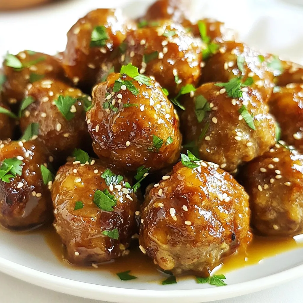 To make honey garlic glazed meatballs, gather these key ingredients: - 1 pound ground beef (or ground turkey) - 1/2 cup breadcrumbs - 1/4 cup grated Parmesan cheese - 1/4 cup chopped fresh parsley - 1 large egg - 2 cloves garlic, minced - Salt and pepper to taste - 1/4 cup honey - 1/4 cup soy sauce - 1 tablespoon rice vinegar - 1 teaspoon sesame oil - 1 tablespoon cornstarch mixed with 2 tablespoons water (for thickening) These ingredients blend together to create juicy meatballs with a sweet and savory glaze. Garnishes add a nice touch to your meatballs. Here are a few options to consider: - Fresh chopped parsley - Sesame seeds - Sliced green onions These garnishes enhance the look and flavor of your dish. If you want to change the meat, use these alternatives: - Ground chicken for a lighter option - Ground pork for a richer flavor - Lentils for a vegetarian choice These options keep the recipe tasty while catering to different diets. {{ingredient_image_1}} Start by preheating your oven to 400°F (200°C). This is key for cooking the meatballs evenly. While the oven heats, grab a large mixing bowl. In this bowl, mix together the ground beef, breadcrumbs, Parmesan cheese, chopped parsley, the egg, minced garlic, and a sprinkle of salt and pepper. Use your hands to blend everything well. Then, roll the mixture into small balls, about one inch wide. Place these meatballs on a baking sheet lined with parchment paper, leaving space between them. Bake the meatballs in your preheated oven for 18-20 minutes. You want them to be golden brown outside and fully cooked inside. Check for doneness by cutting one open; it should have no pink inside. This step ensures that they are safe to eat and taste great. While your meatballs bake, it’s time to make the glaze. In a small saucepan, combine honey, soy sauce, rice vinegar, and sesame oil. Heat this over medium heat and stir until it starts bubbling. Then, take the cornstarch mixed with water and add it to the saucepan. Stir continuously for about 2-3 minutes until the glaze thickens. Once your meatballs are done baking, place them in a large mixing bowl and pour the thick glaze over them. Gently toss until the meatballs are well coated. Enjoy them warm! To make great meatballs, use the right mix of ingredients. Ground beef or turkey gives a nice flavor. Adding breadcrumbs keeps the meatballs moist and light. The Parmesan cheese adds richness. Always mix gently so your meatballs stay tender. Over-mixing can make them tough. Aim for golf ball-sized meatballs, about one inch wide. The glaze is key to these meatballs. Honey brings sweetness, while soy sauce adds depth. Rice vinegar helps balance the flavors. For extra flavor, try adding ginger or chili flakes. Sesame oil gives a nice nutty touch. Make sure to stir the glaze as it heats. This helps blend all the flavors well. Thicken it for a saucy, sticky finish. One common mistake is overcooking the meatballs. Watch them closely in the oven. They should be golden brown, not dry. Another mistake is not mixing the glaze enough. If you skip stirring, the flavors won’t blend well. Lastly, don’t skip the garnishes! They add color and flavor. Fresh parsley or sesame seeds make a big difference. Pro Tips Use Fresh Ingredients: Fresh garlic and parsley can significantly enhance the flavor of your meatballs, giving them a vibrant taste that dried herbs simply can’t match. Control the Size: Make sure all meatballs are uniform in size, about 1 inch in diameter, so they cook evenly and are easy to serve. Experiment with Proteins: Feel free to swap ground beef for ground turkey, chicken, or even plant-based alternatives for a healthier or different flavor profile. Add Some Heat: For a spicy kick, consider adding a pinch of red pepper flakes or a dash of sriracha to the glaze for a delightful contrast to the sweetness of the honey. {{image_2}} You can make this dish lighter by using ground turkey or chicken. These meats are lower in fat but still tasty. Just be aware that turkey and chicken can dry out faster than beef. To keep them moist, add a bit more honey or a splash of broth to the mix. Ground chicken or turkey will still soak up that delicious honey garlic glaze. Want to spice things up? You can add red pepper flakes for heat or sriracha for a kick. If you prefer a sweeter taste, add a splash of orange juice or zest to the glaze. You can also try teriyaki sauce instead of soy sauce for a fun twist. Each flavor change gives you a new way to enjoy these meatballs. You have options when it comes to cooking. A slow cooker is great for busy days. Just mix the meatballs, pour in the glaze, and let it cook on low for several hours. This method makes them extra tender. If you prefer, you can cook them on the stovetop in a skillet. Brown them first, then add the glaze. This way, you can enjoy the rich flavors in less time. Honey garlic glazed meatballs shine on their own but pair well with sides. Here are some great options: - Steamed rice or fried rice: Both soak up the sweet glaze. - Roasted vegetables: Carrots, broccoli, and bell peppers add crunch. - Noodles: Serve with plain or stir-fried noodles for a filling meal. - Salad: A fresh green salad adds a nice balance to the dish. Serving your honey garlic glazed meatballs can be fun! Here are some creative ideas: - Skewers: Thread meatballs on sticks for easy eating at parties. - Sliders: Place meatballs in small buns for tasty sliders. - Taco-style: Use tortillas and top with meatballs, slaw, and sauce. - Over grains: Serve on a bed of quinoa or farro for a healthy twist. These meatballs are perfect for meal prep. Here’s how to do it: - Batch cook: Make a double batch to save time. - Store properly: Place cooled meatballs in airtight containers. - Refrigerate: They last up to four days in the fridge. - Freezing: Freeze meatballs for up to three months. Just thaw before reheating. Using these ideas, you can enjoy honey garlic glazed meatballs in many ways! You can tell meatballs are done when they are golden brown. Use a meat thermometer for safety. The inside should reach 160°F (71°C) for beef and 165°F (74°C) for turkey. If you cut one open, it should be no longer pink inside. The juices should run clear. This ensures they are safe to eat and taste great. Yes, you can freeze these meatballs! Let them cool completely before freezing. Place them in a single layer on a baking sheet. Once frozen, transfer them to a freezer-safe bag or container. They will keep well for up to three months. This is great for quick meals later! For the best results, reheat meatballs in the oven. Preheat the oven to 350°F (175°C). Place meatballs on a baking sheet and cover them with foil. Heat for about 10-15 minutes until warmed through. You can also reheat them in a skillet over medium heat. Add a splash of water to keep them moist. Enjoy your tasty treat! In this post, we explored every aspect of making delicious glazed meatballs. We covered the main ingredients, preparation steps, and helpful tips for perfect texture and flavor. You learned about variations, including healthier options and different cooking methods. Keep these tips in mind to avoid common mistakes and serve your meatballs with the best pairings. With practice, you’ll master this dish and impress everyone at your table. Enjoy experimenting with flavors and making it your own!